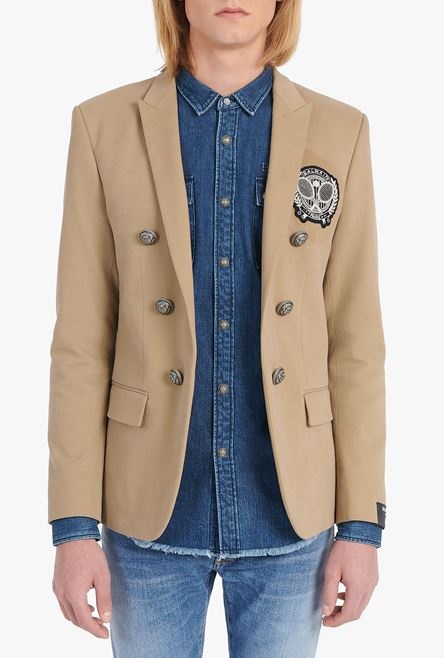 Dark sand-colored cotton blazer with embroidered Balmain badge and double-breasted silver-tone butto - 5