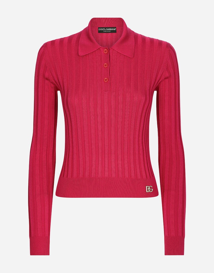 Cropped polo shirt in ribbed silk - 1