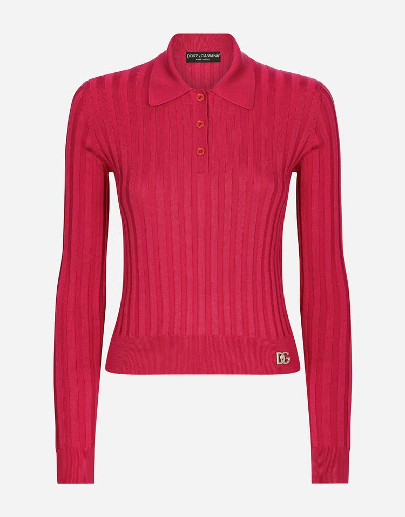 Cropped polo shirt in ribbed silk 1