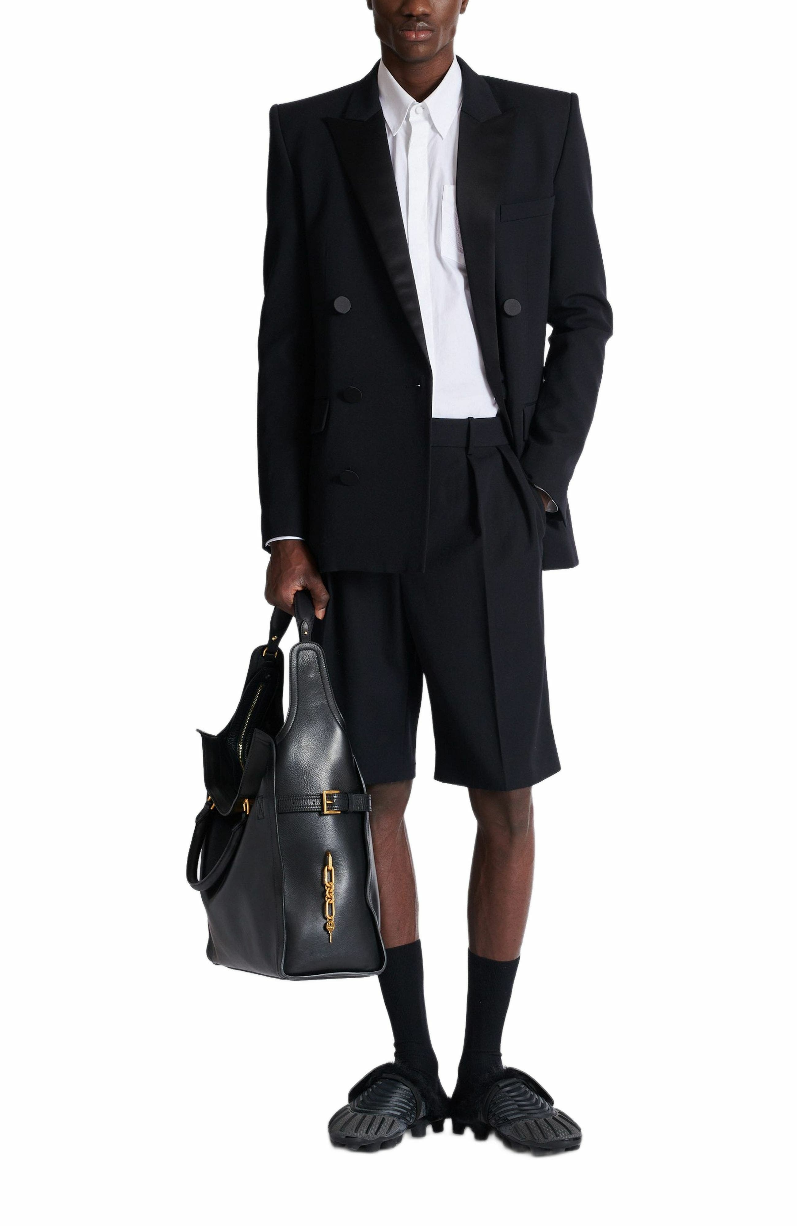 Balmain Grain de poudre pleated Bermuda shorts in Black at Nordstrom - 3