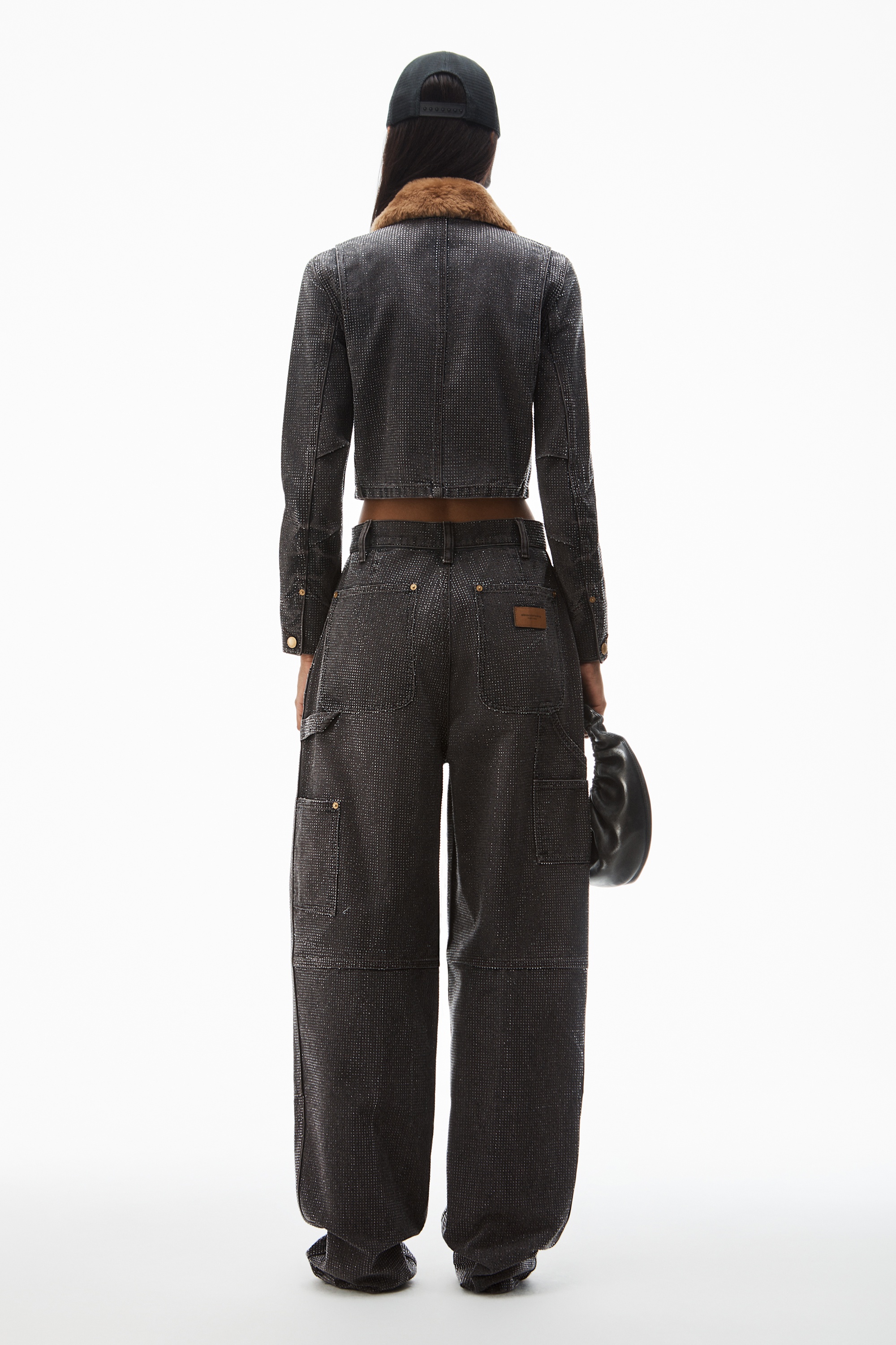 crystal hotfix shrunken workwear jacket in cotton - 6