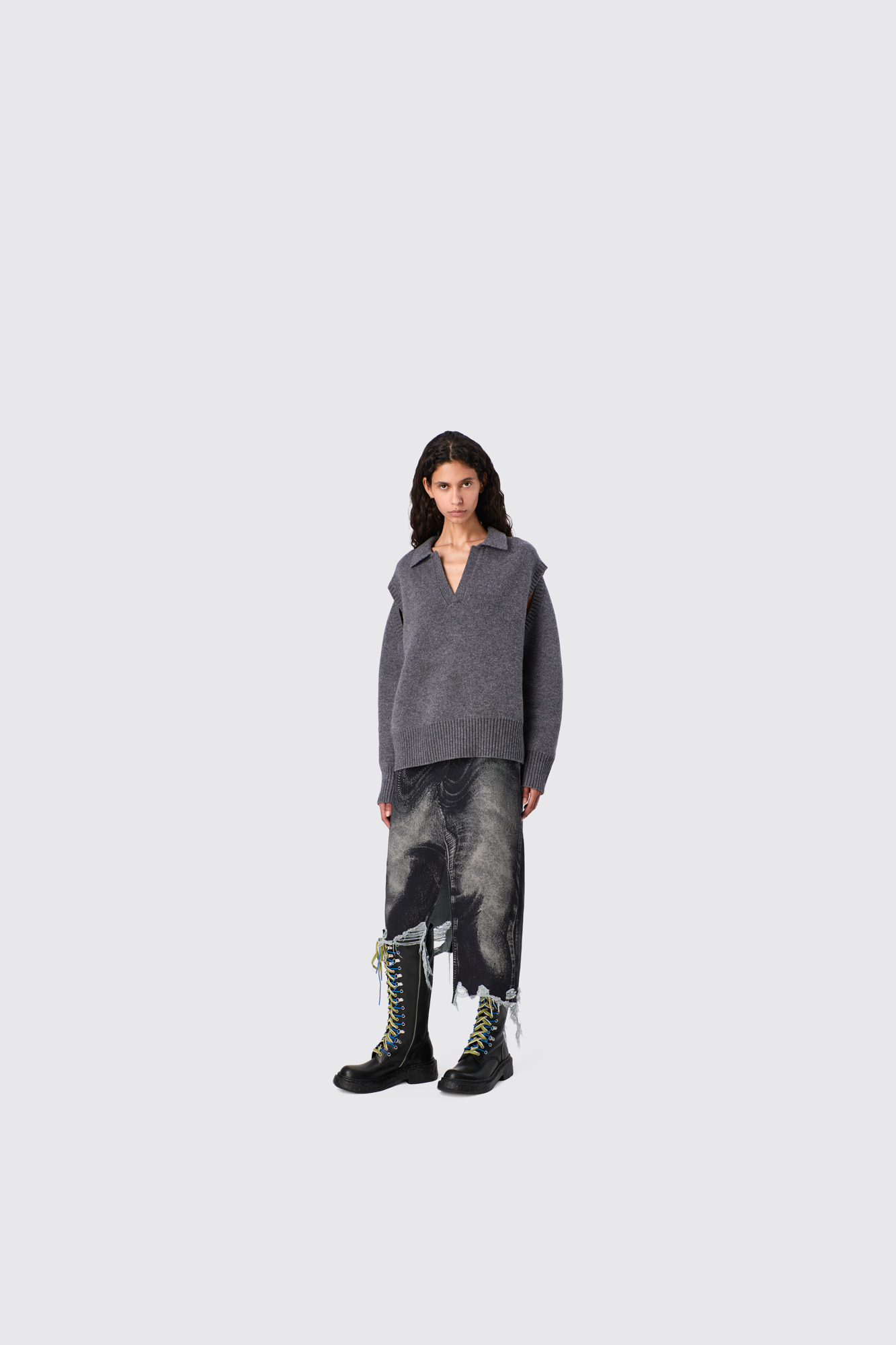 Black-gray asymmetric denim skirt - 4