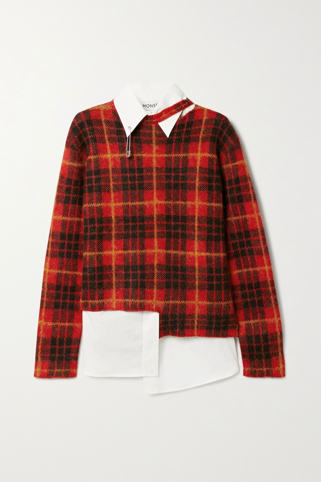 Layered embellished cotton-blend poplin and checked knitted sweater - 1