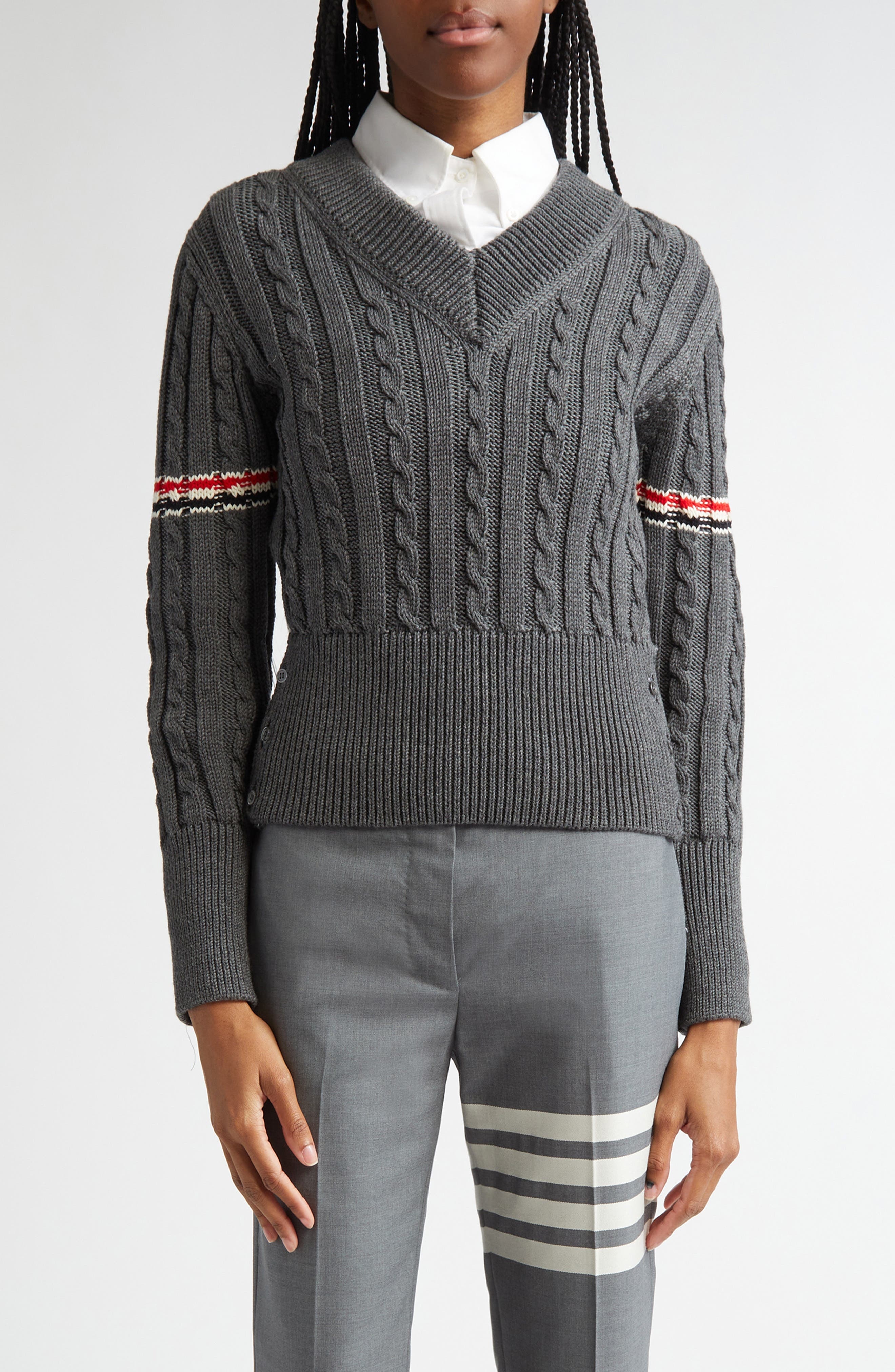 Thom Browne Cable Knit Virgin Wool V-Neck Sweater in Medium Grey at Nordstrom - 1