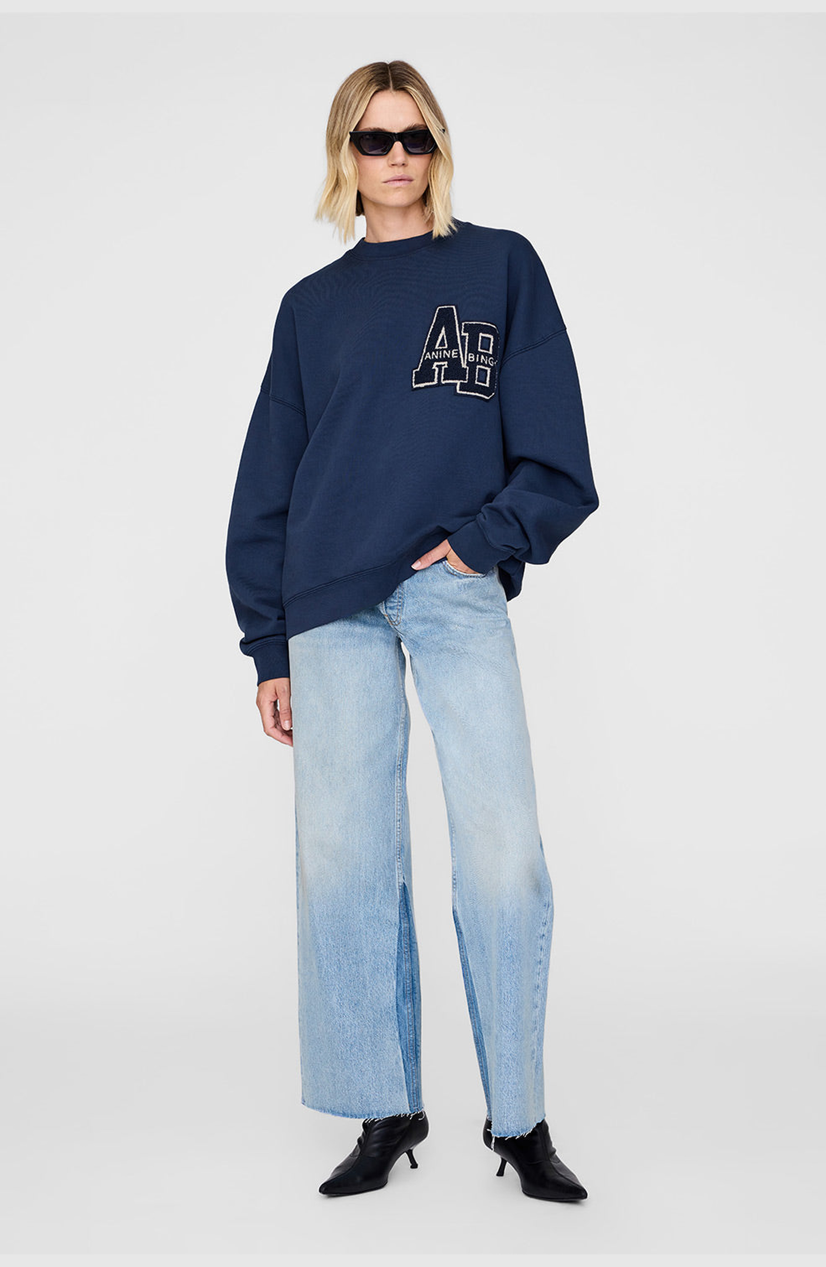 ANINE BING Miles Oversized Letterman Sweatshirt in Washed Navy at Nordstrom - 1