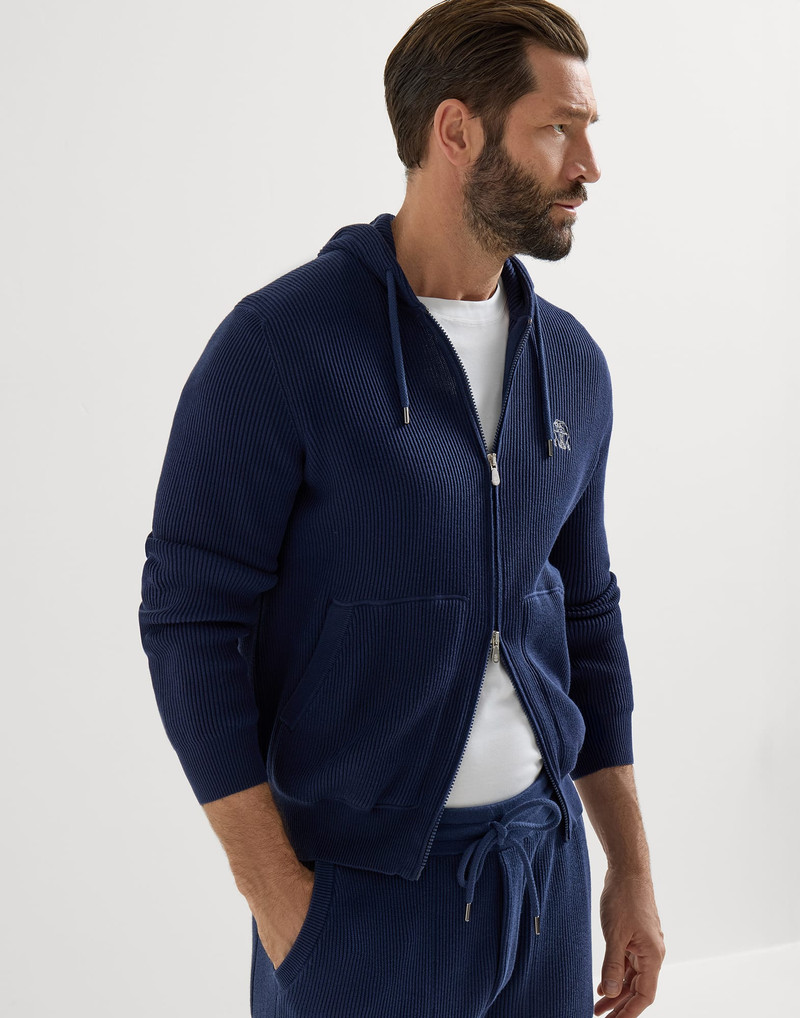 Cotton English rib knit hooded sweatshirt with logo and zipper 5