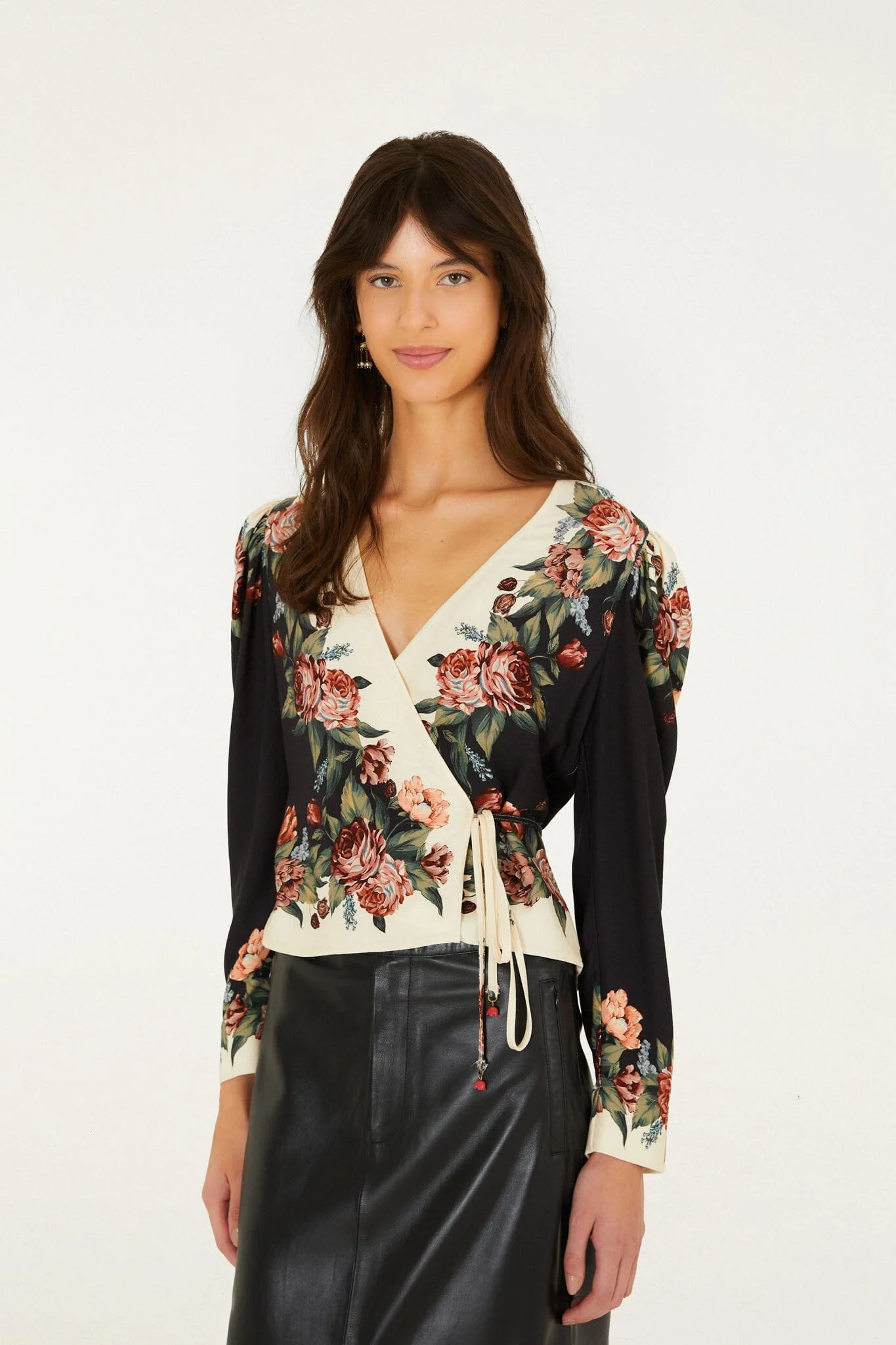 Winter Floral Long Sleeve Wrap Blouse - 1