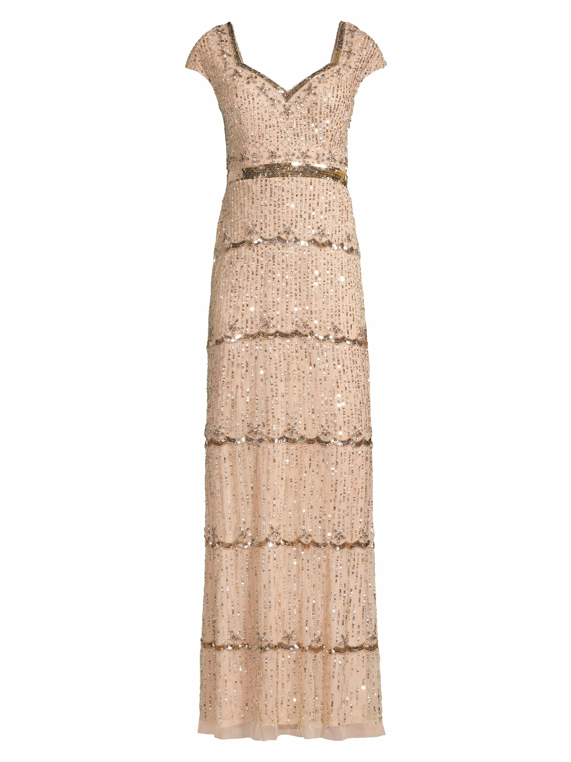 Women's Embellished Cap Sleeve Gown - Beige - 1