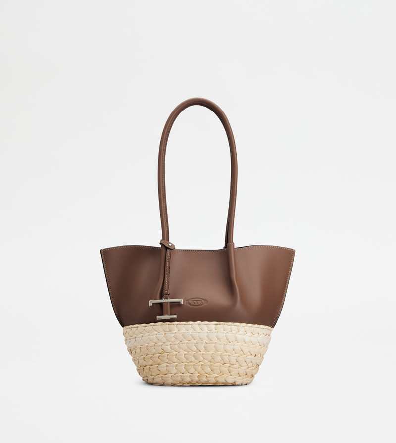 SHOPPING BAG IN STRAW AND LEATHER SMALL - BROWN, NATURAL 1