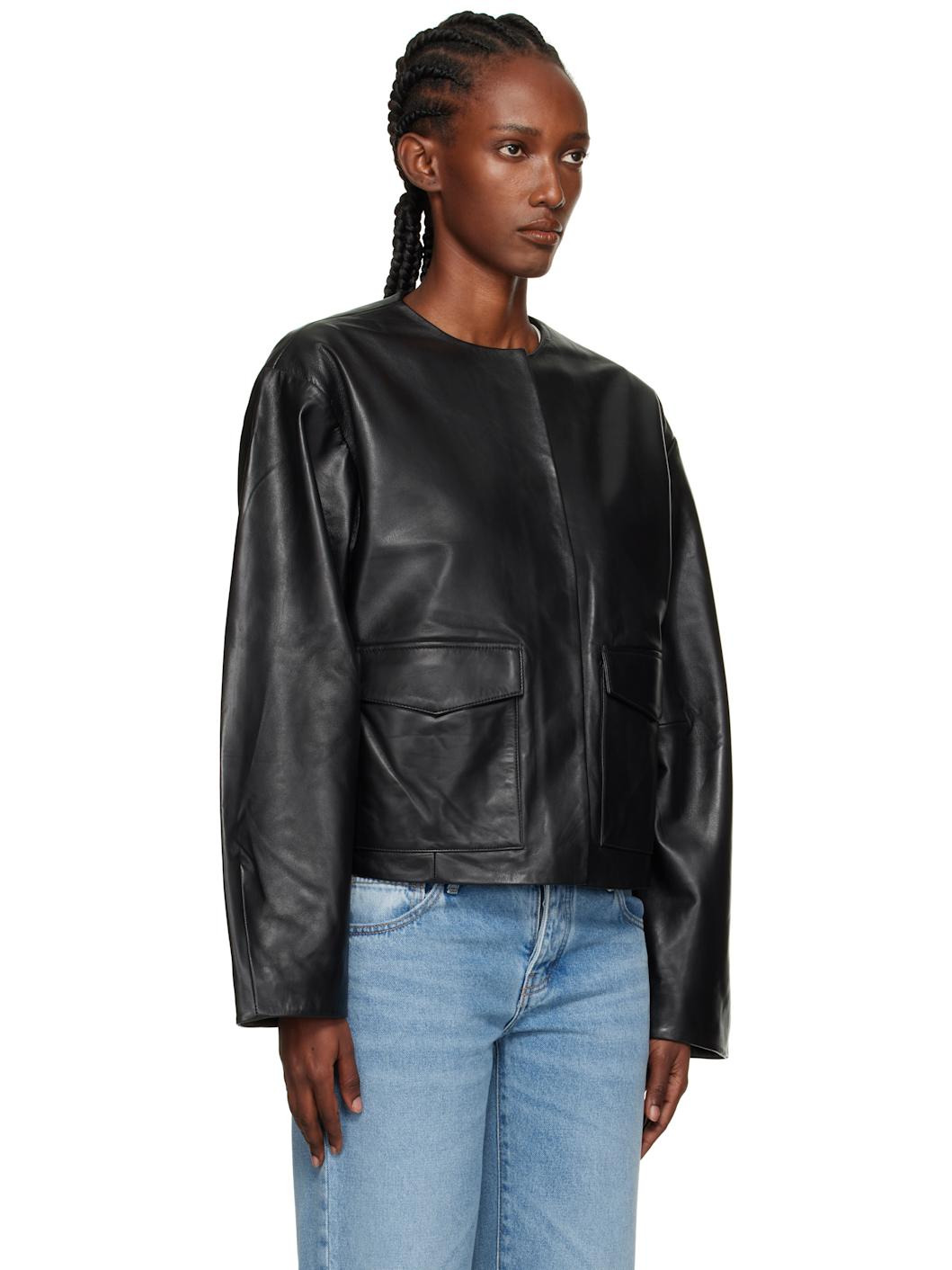 Black Utility Cocoon Leather Jacket - 2