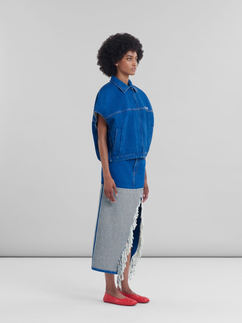 BLUE ORGANIC DENIM TWO-TONE MIDI SKIRT - 5