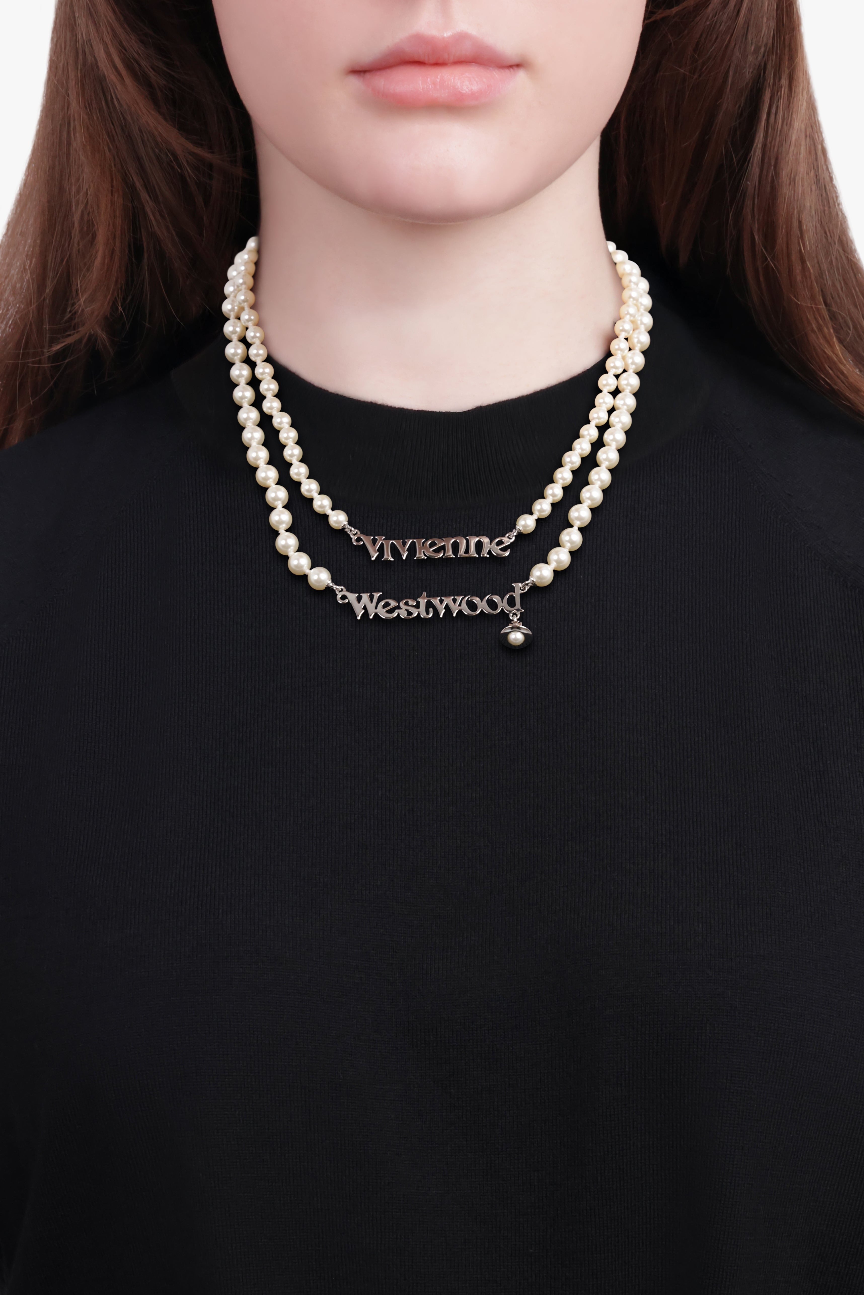 AMELIA LOGO PEARL DOUBLE ROW NECKLACE | WHITE/SILVER - 3
