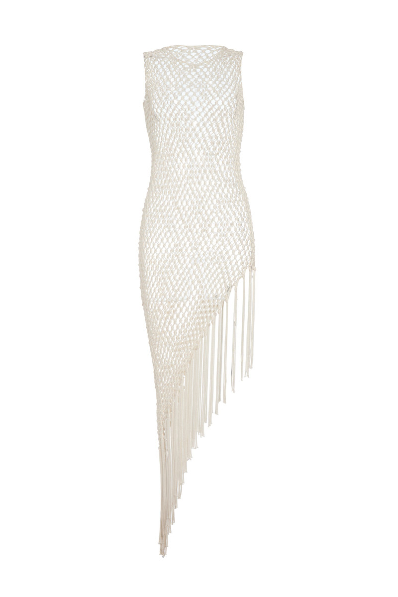Nabia L Fringe Macrame Maxi Dress in Ivory Silk - 1