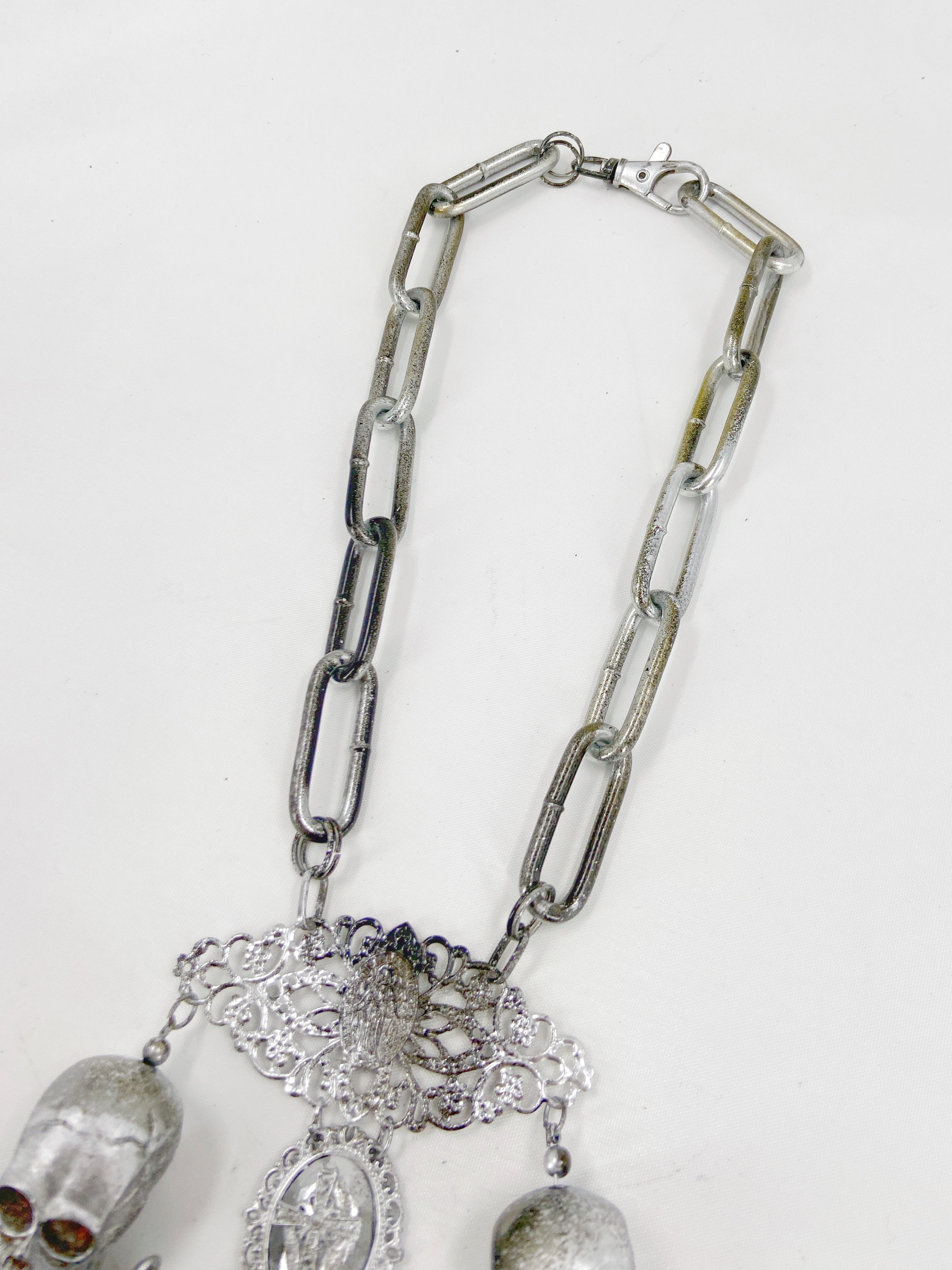 Jean Paul Gaultier 90S Sample 1/1 XXL Silver Crucifix Cross Bull Skull Spiked Chain Necklace - 14