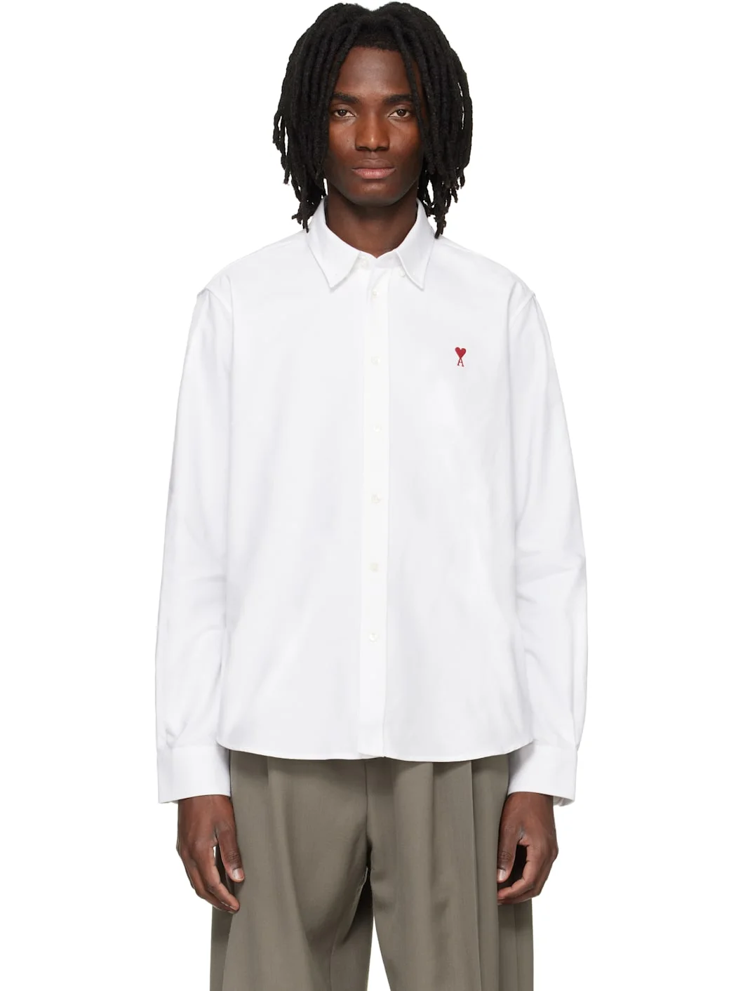 White Classic Long Sleeve Button-Down Collar Embroidered ADC Shirt - 1