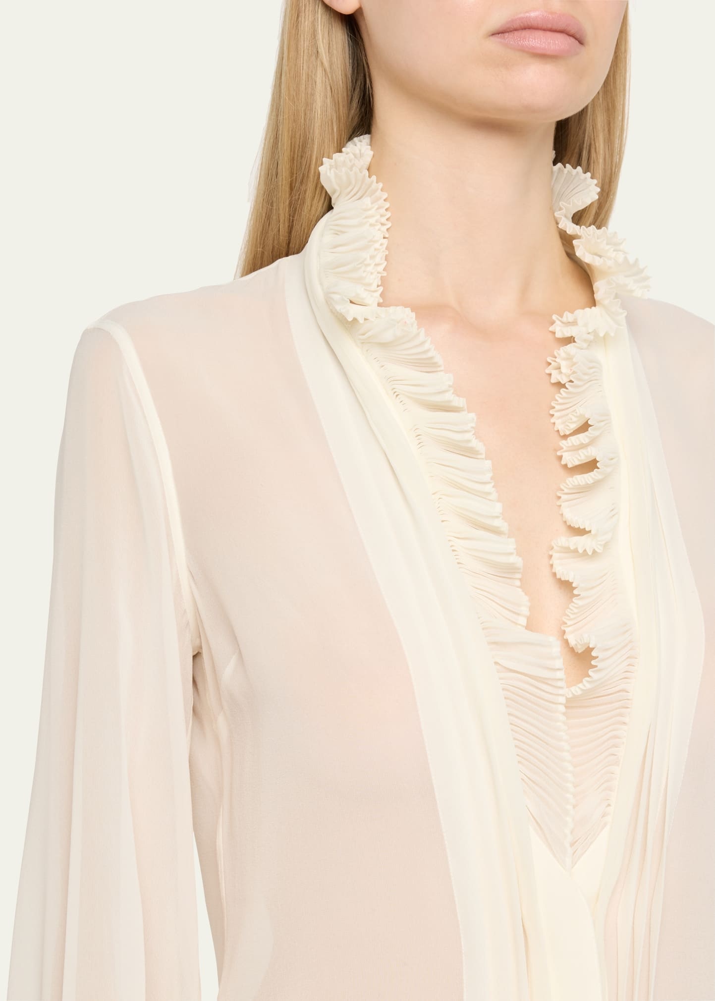 Pleated Puff Sleeve Blouse with Ruffle Trim - 5