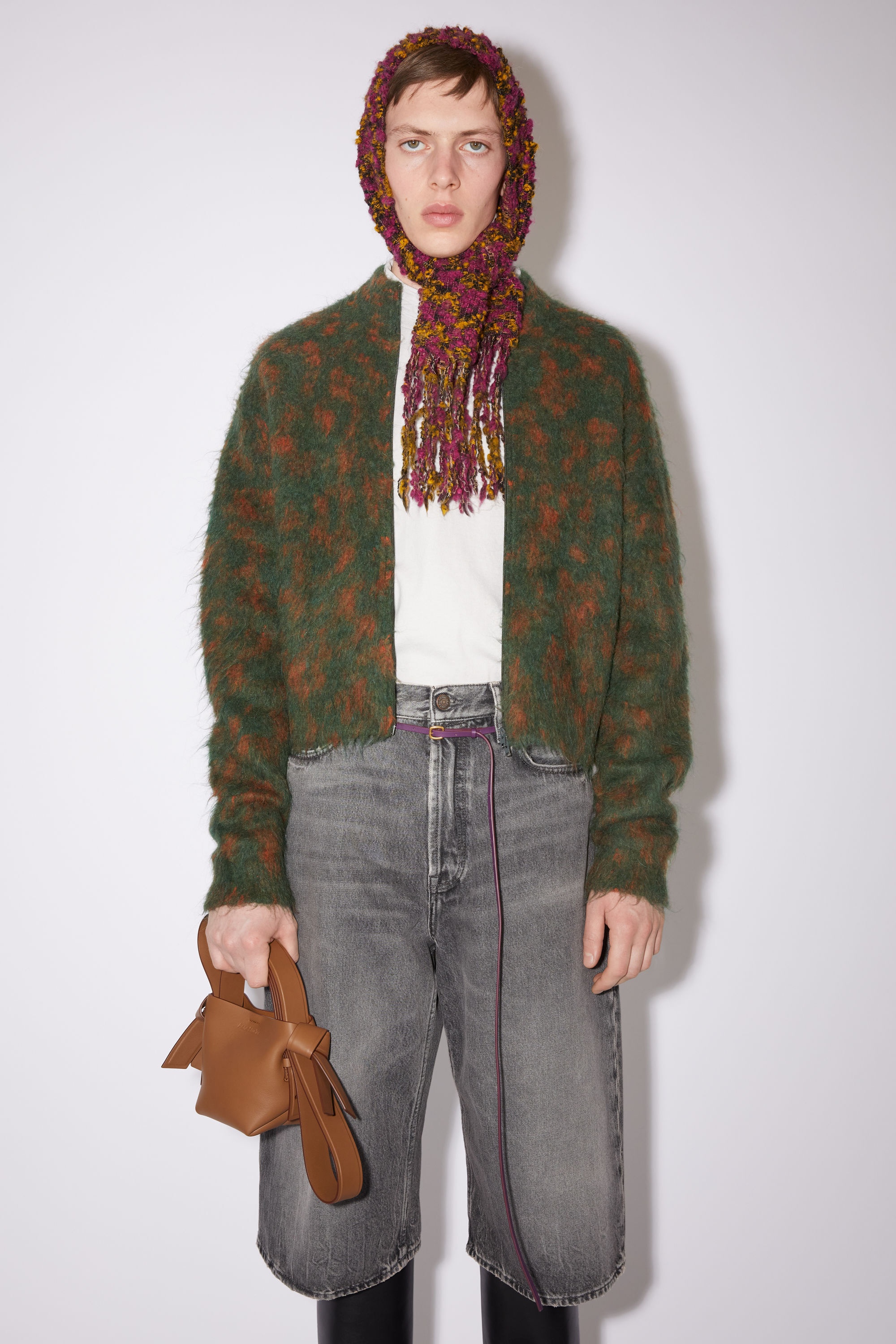 Crew neck zippered cardigan - Forest Green/Orange - 2