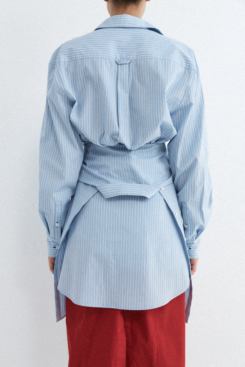 Drawstring Mini Shirt Dress - Pale Blue Stripe - 9