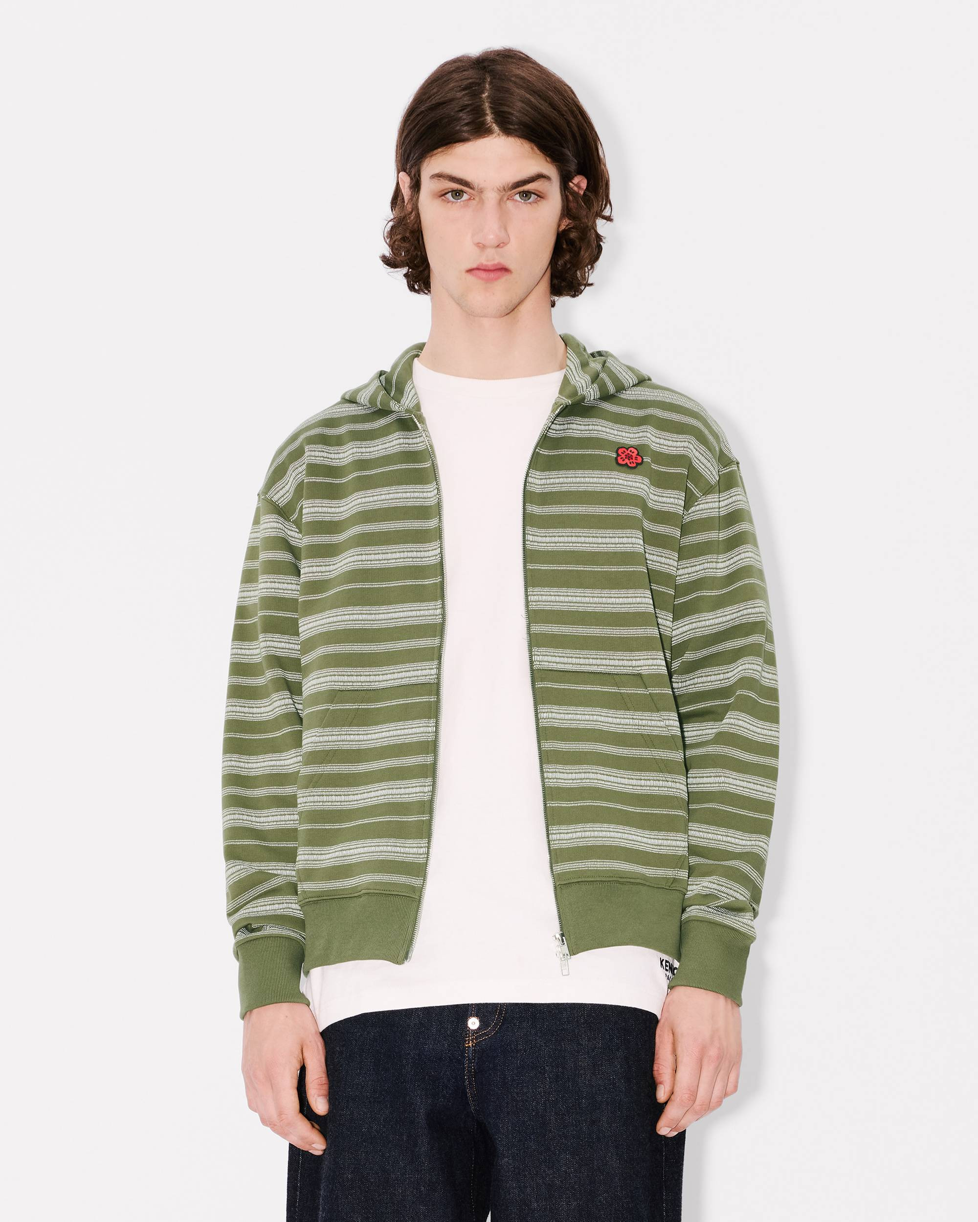 'Boke Flower' striped embroidered full-zip hoodie in coton - 3