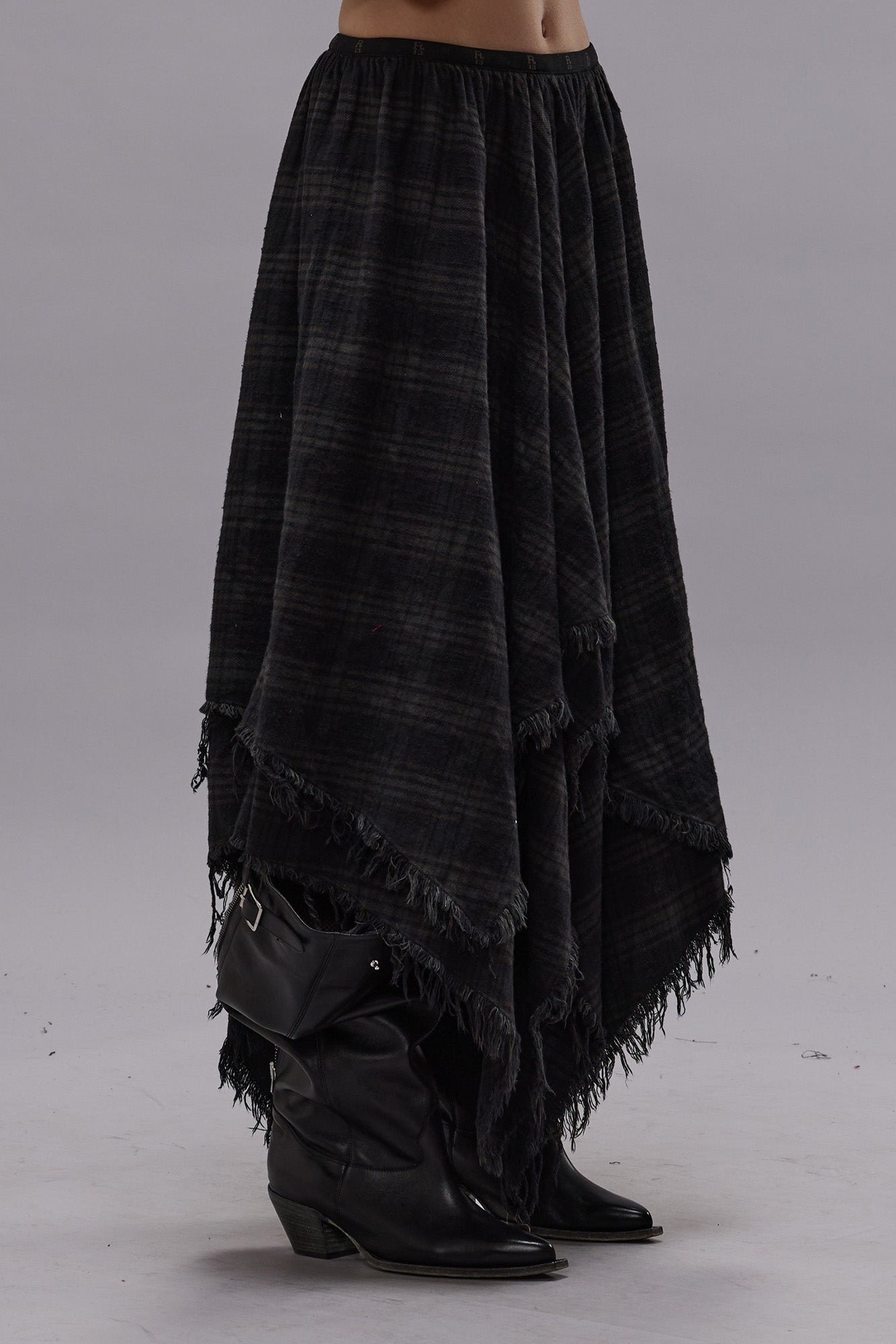 MIDI HANDKERCHIEF SKIRT - OVERDYED BLACK PLAID - R13 - 6