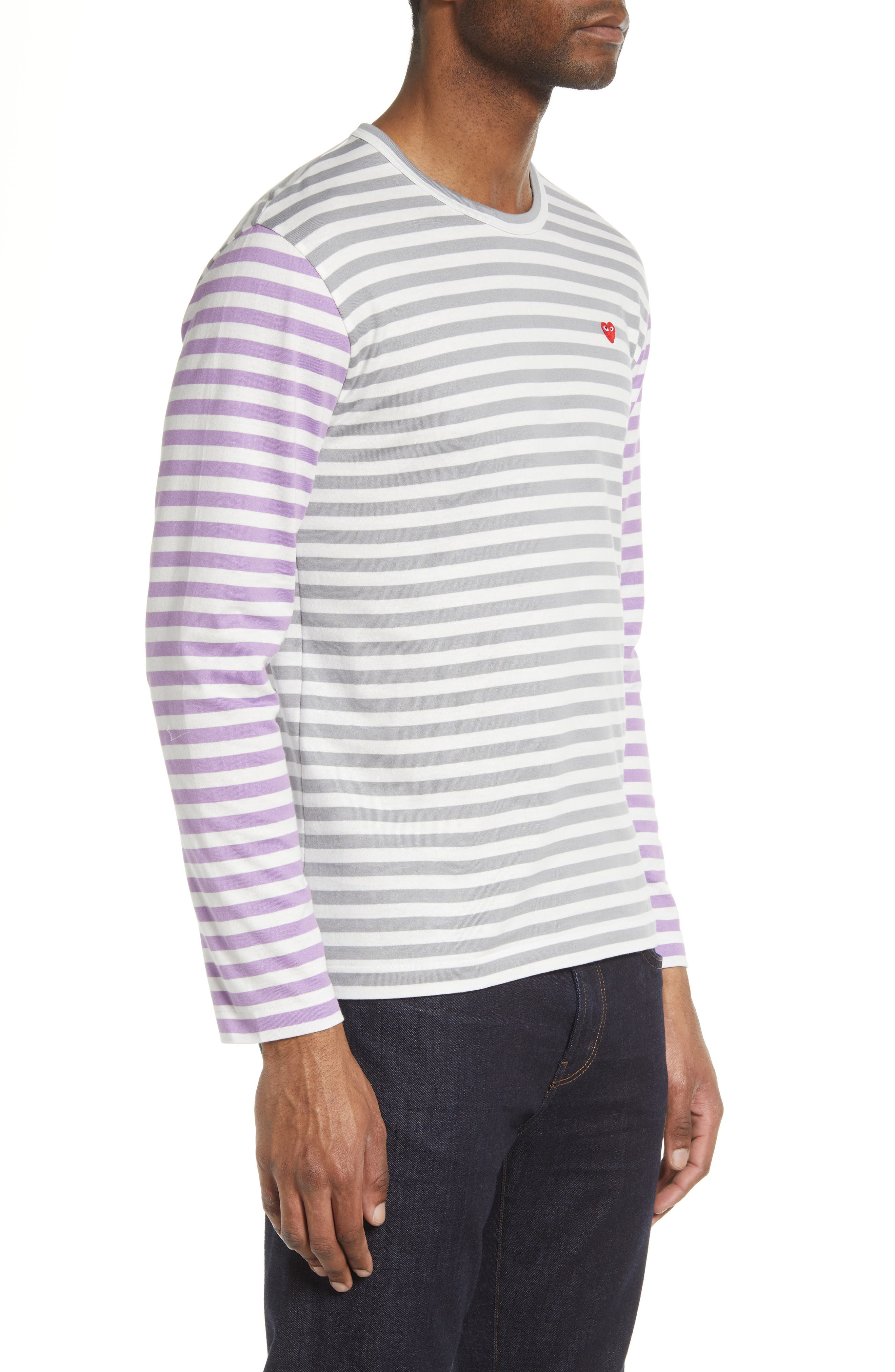 Comme des Garçons PLAY Small Heart Stripe Colorblock Long Sleeve T-Shirt in Grey/Purple at Nordstrom - 3