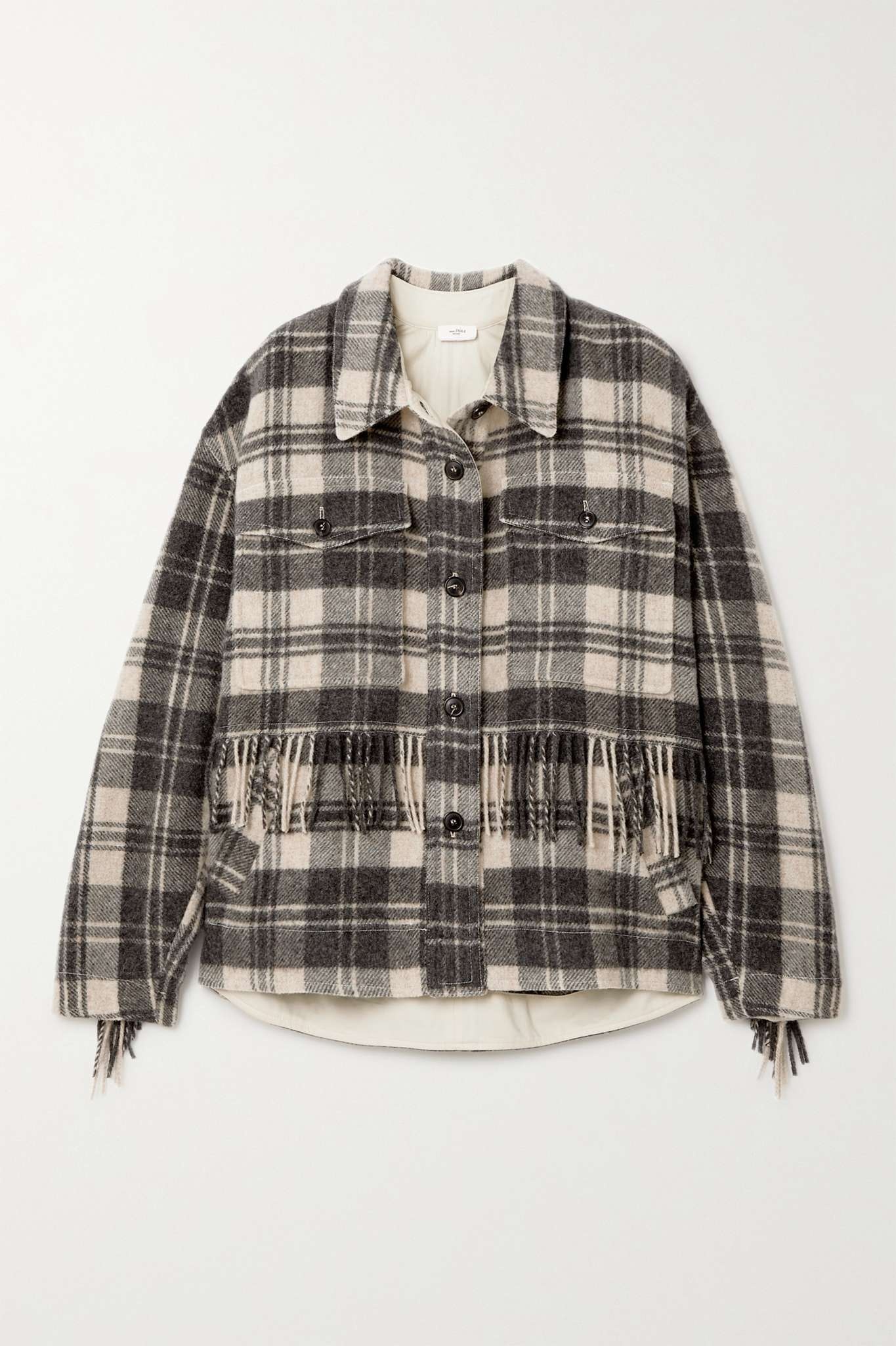 Filora oversized fringed checked wool-blend jacket - 1