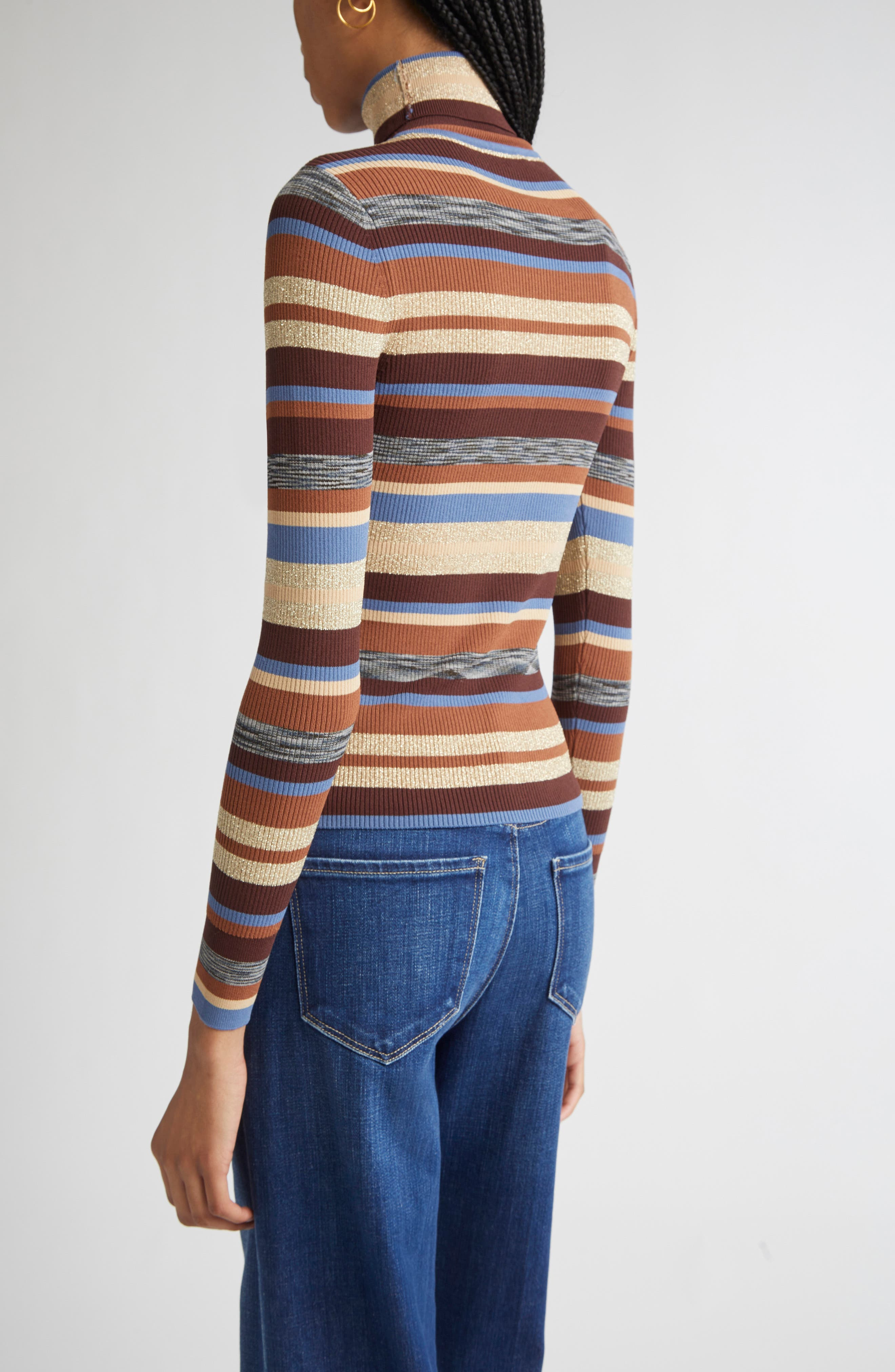 L'AGENCE Olene Stripe Turtleneck Sweater in Stone Blue/Brown Multi at Nordstrom - 2