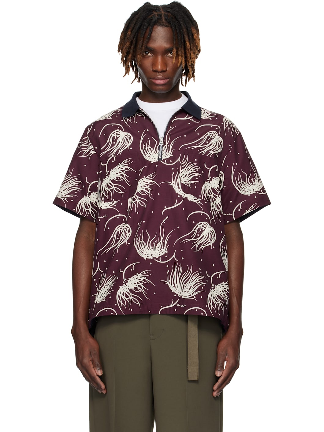 Burgundy Dot Flower Print Polo - 1