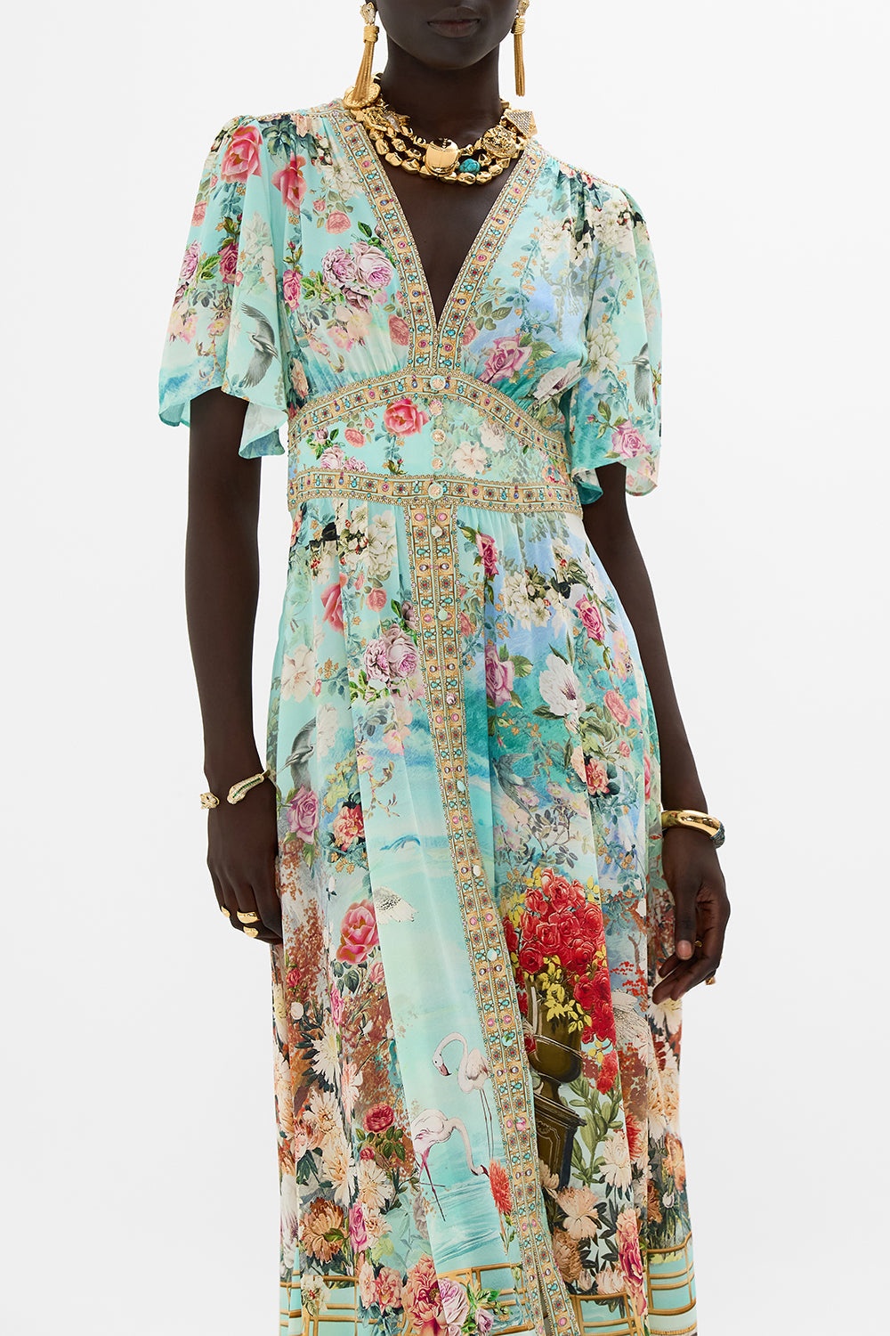 SHAPED WAISTBAND DRESS WITH FLUTTER SLEEVES - 5