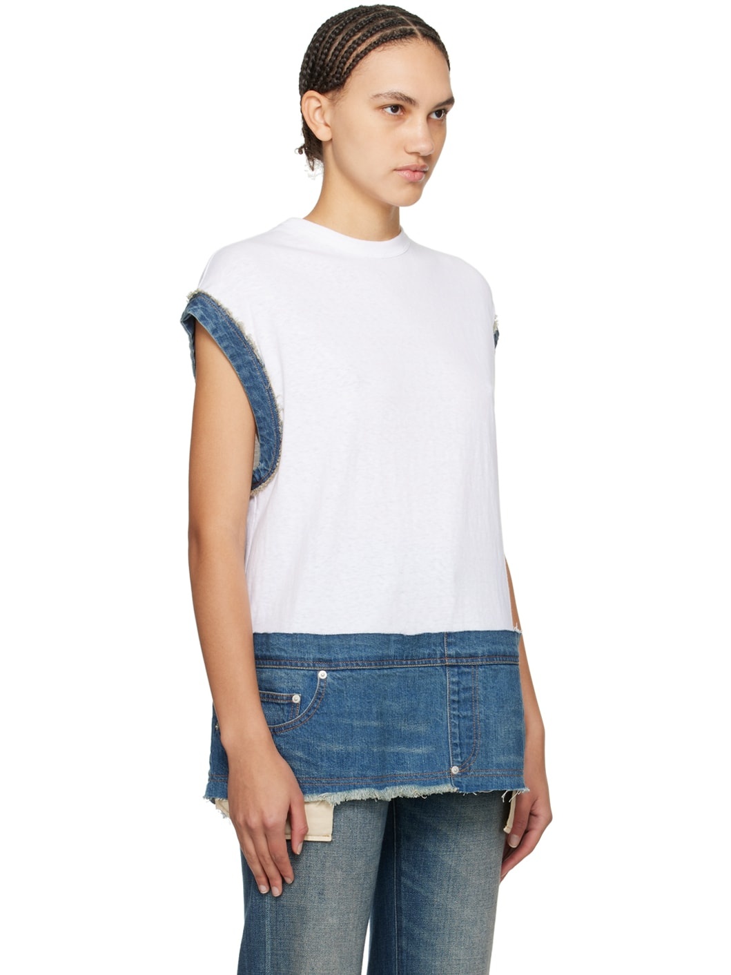 White & Blue Paneled Denim T-Shirt - 2
