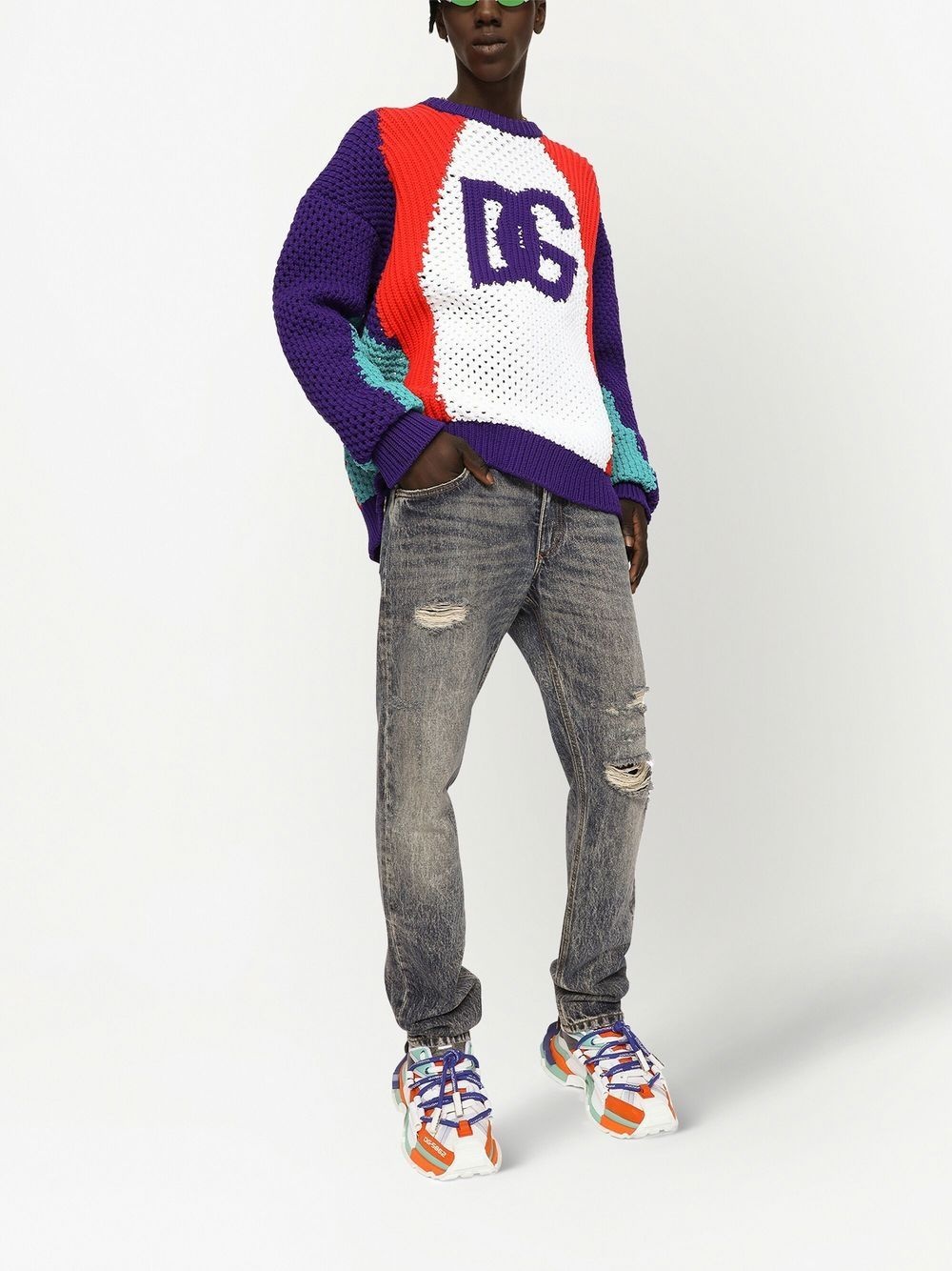 colour-block perforated knit jumper - 2