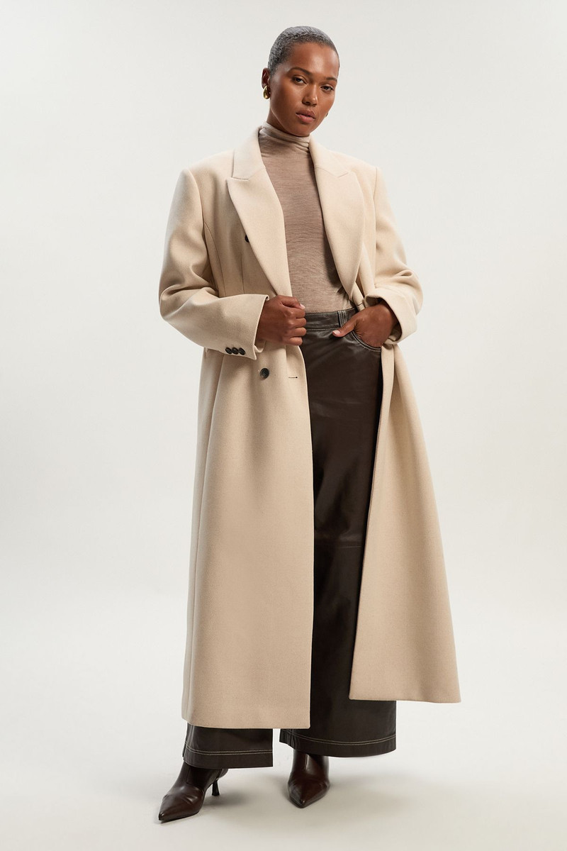 Plus Size Stripe Wool Double Breasted Tailored Maxi Coat 1