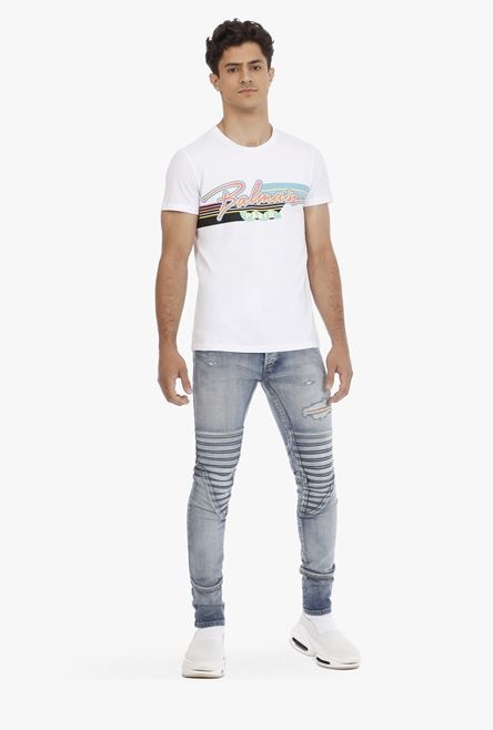 EXCLUSIVE - White cotton T-shirt with multicolor Balmain Paris logo - 2