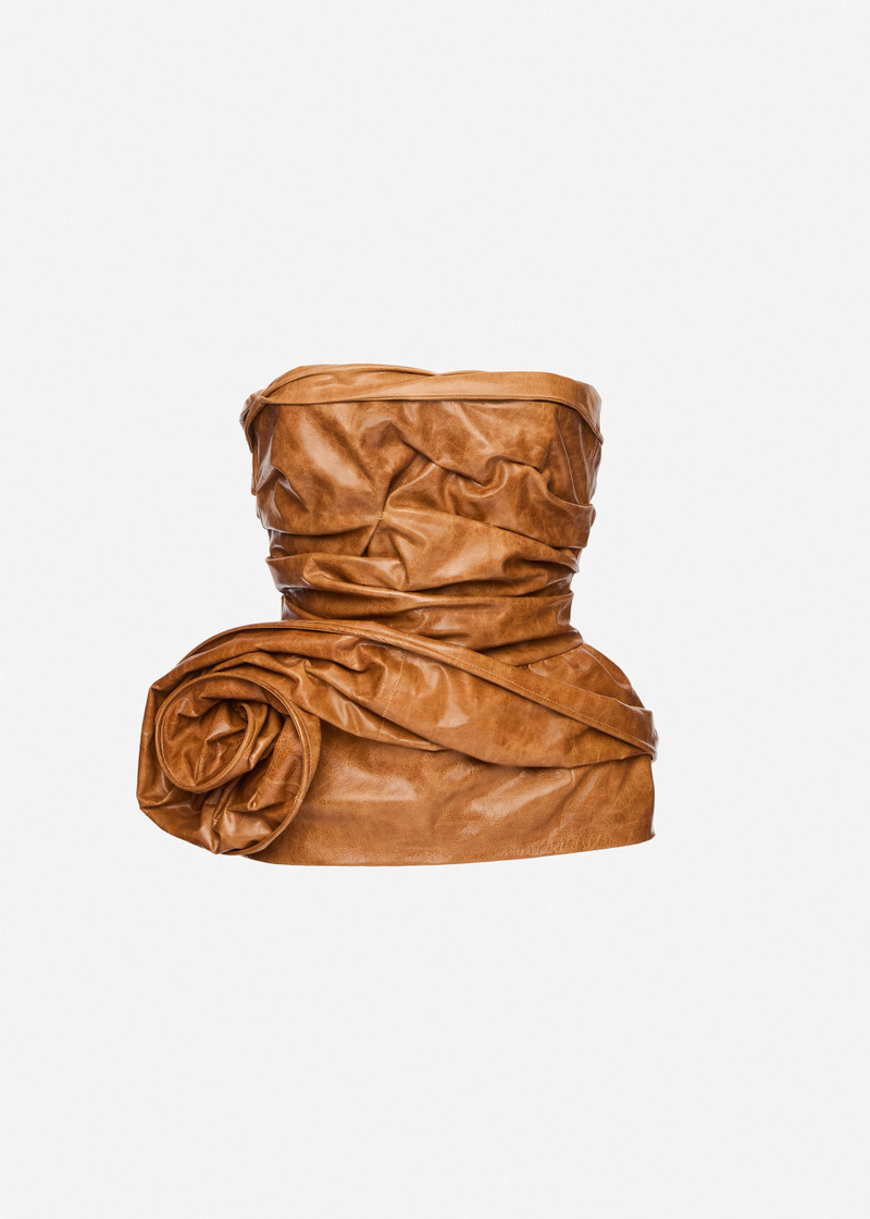 Flower peplum leather corset top in camel 1
