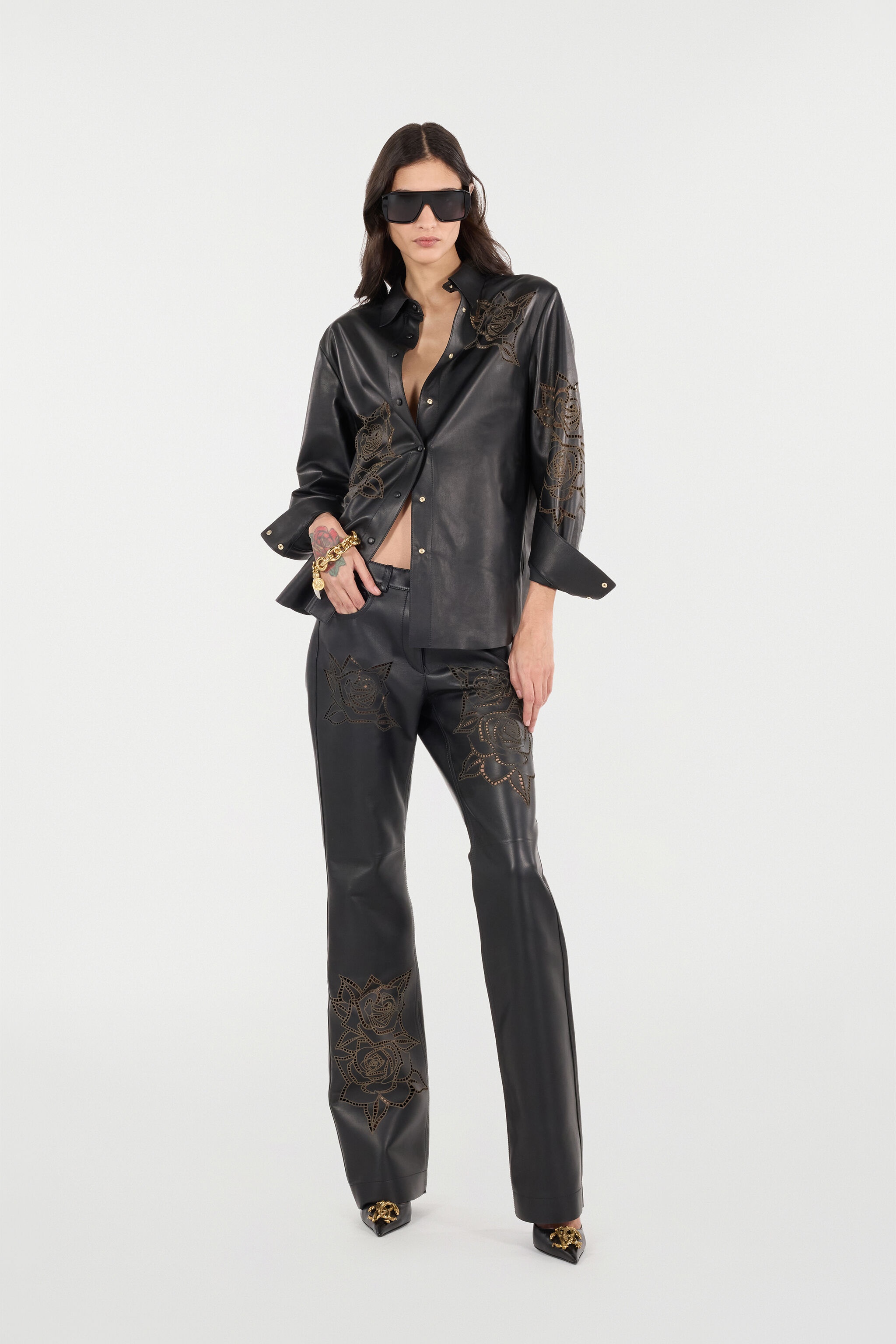 Leather Pants With Perforated Roses - 2