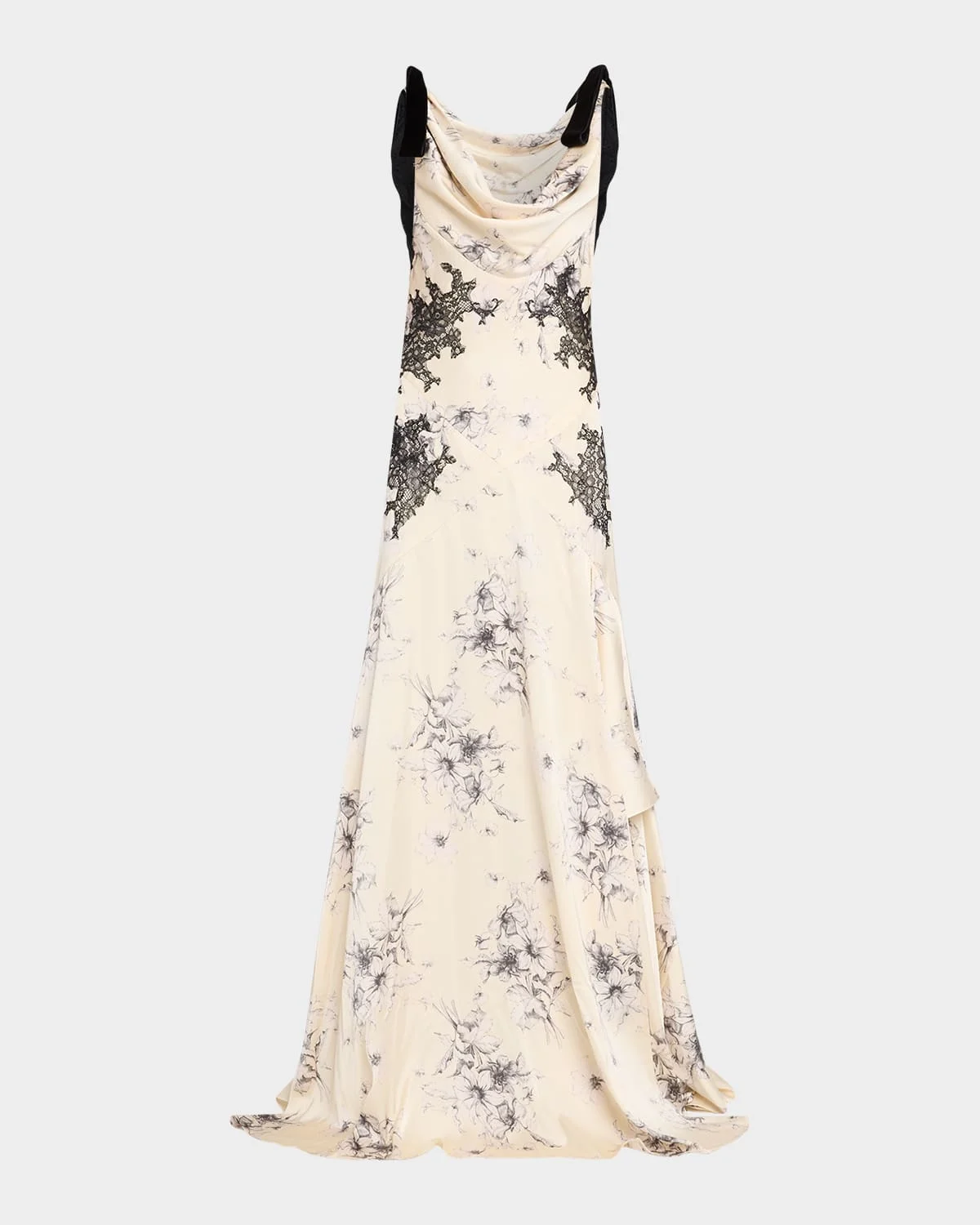 Hand-Sketched Floral Cowl-Neck Gown - 1