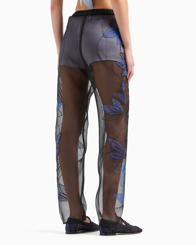 Pure silk organza elasticated-waist trousers with floral embroidery 3