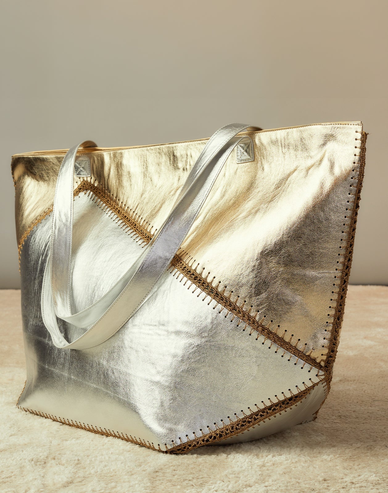 Mixed Metallic Vegan Leather Oversized Tote - 7