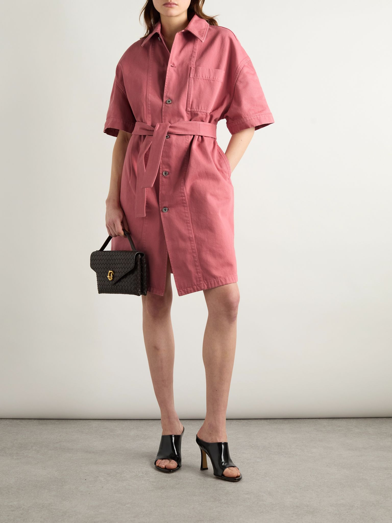Oversized belted denim shirt dress Pink - 2
