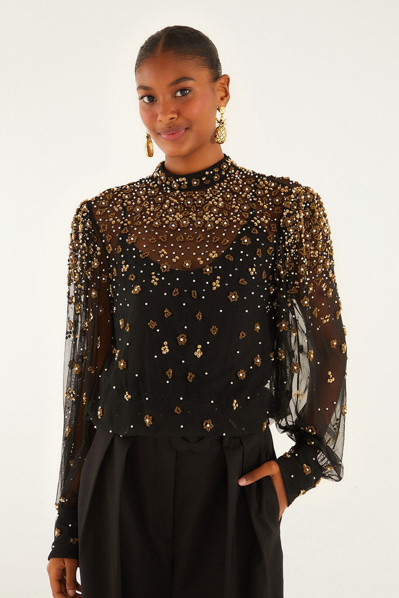Black Embroidered Tulle Lined Blouse 1
