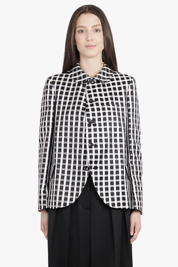 ROUND COLLAR CHECK PRINT JACKET WITH CURVED FRONT | BLACK/WHITE - 3