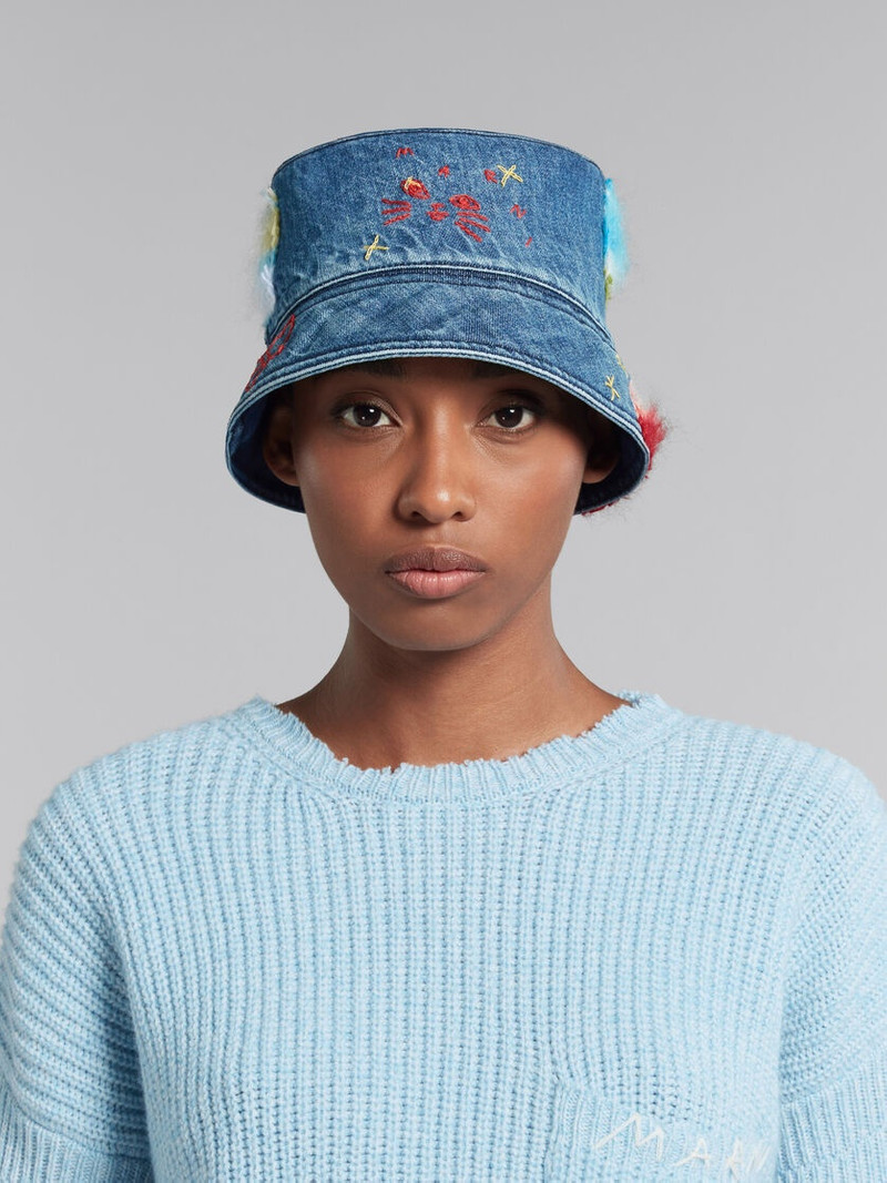 Marni BLUE ORGANIC DENIM BUCKET HAT WITH MOHAIR PATCHES outlook