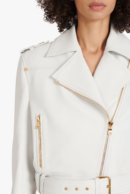 Cropped white leather biker jacket - 6