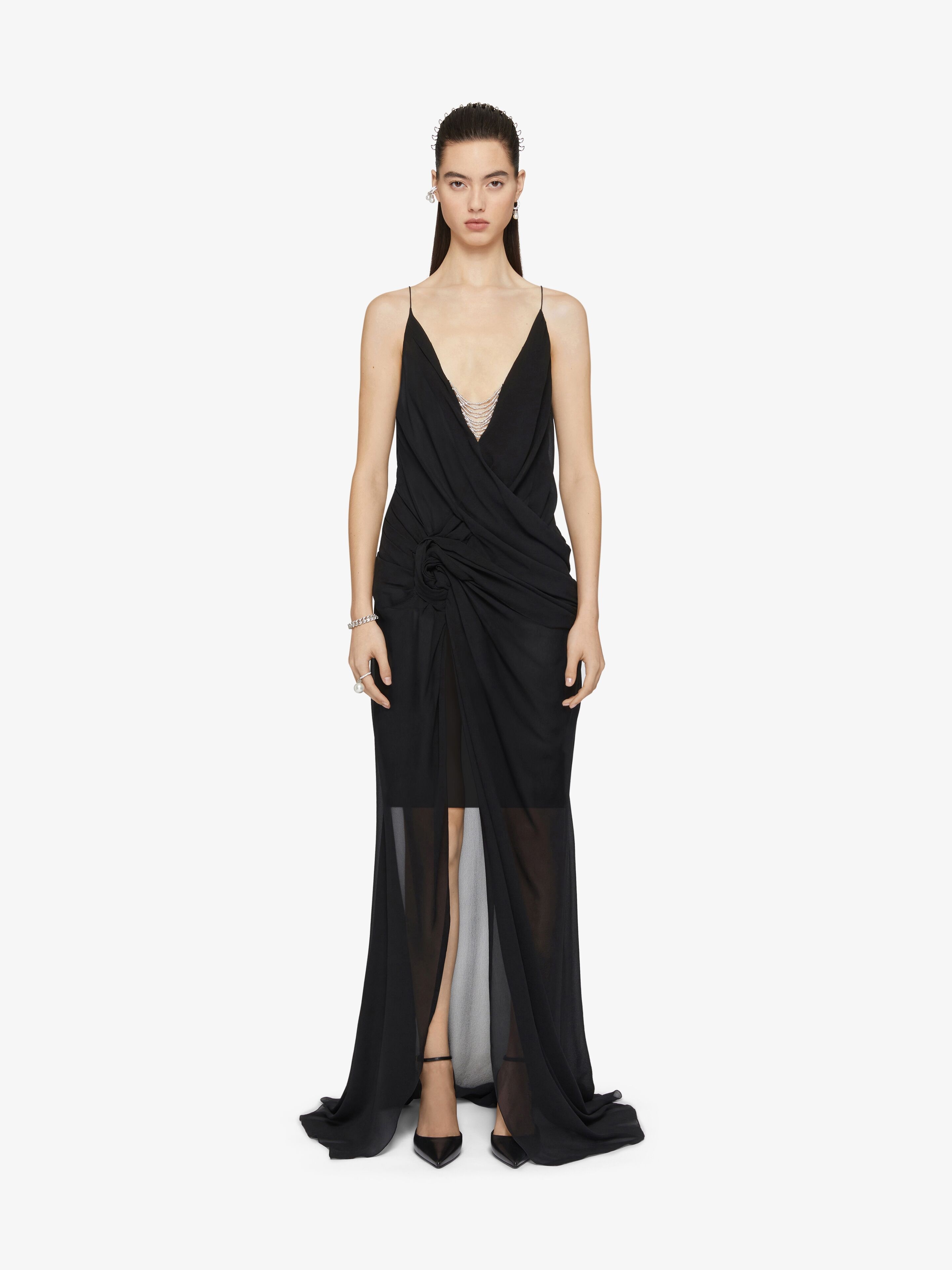 EVENING DRAPED DRESS IN SILK WITH PEARL CHAINS - 2