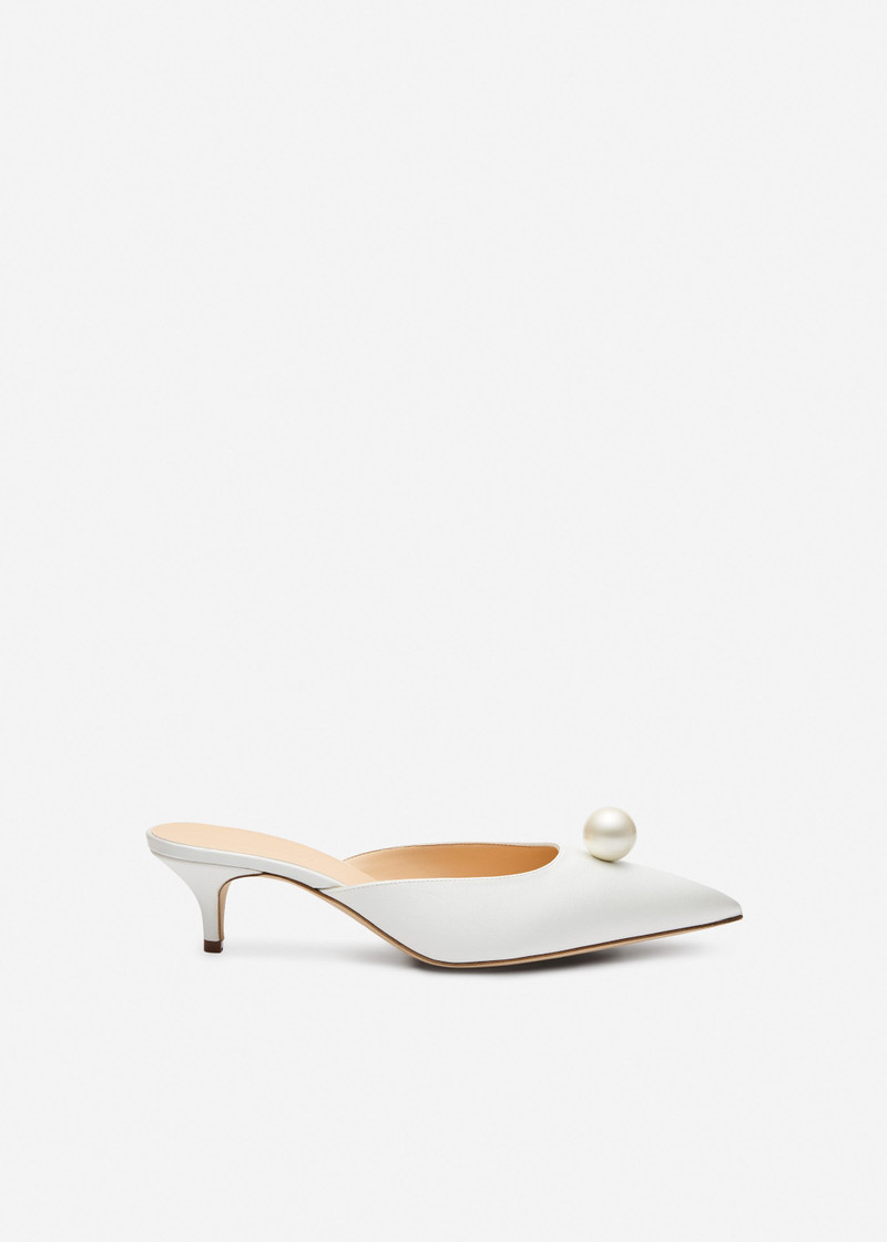 Kitten heel mules with pearl detail in cream satin 1