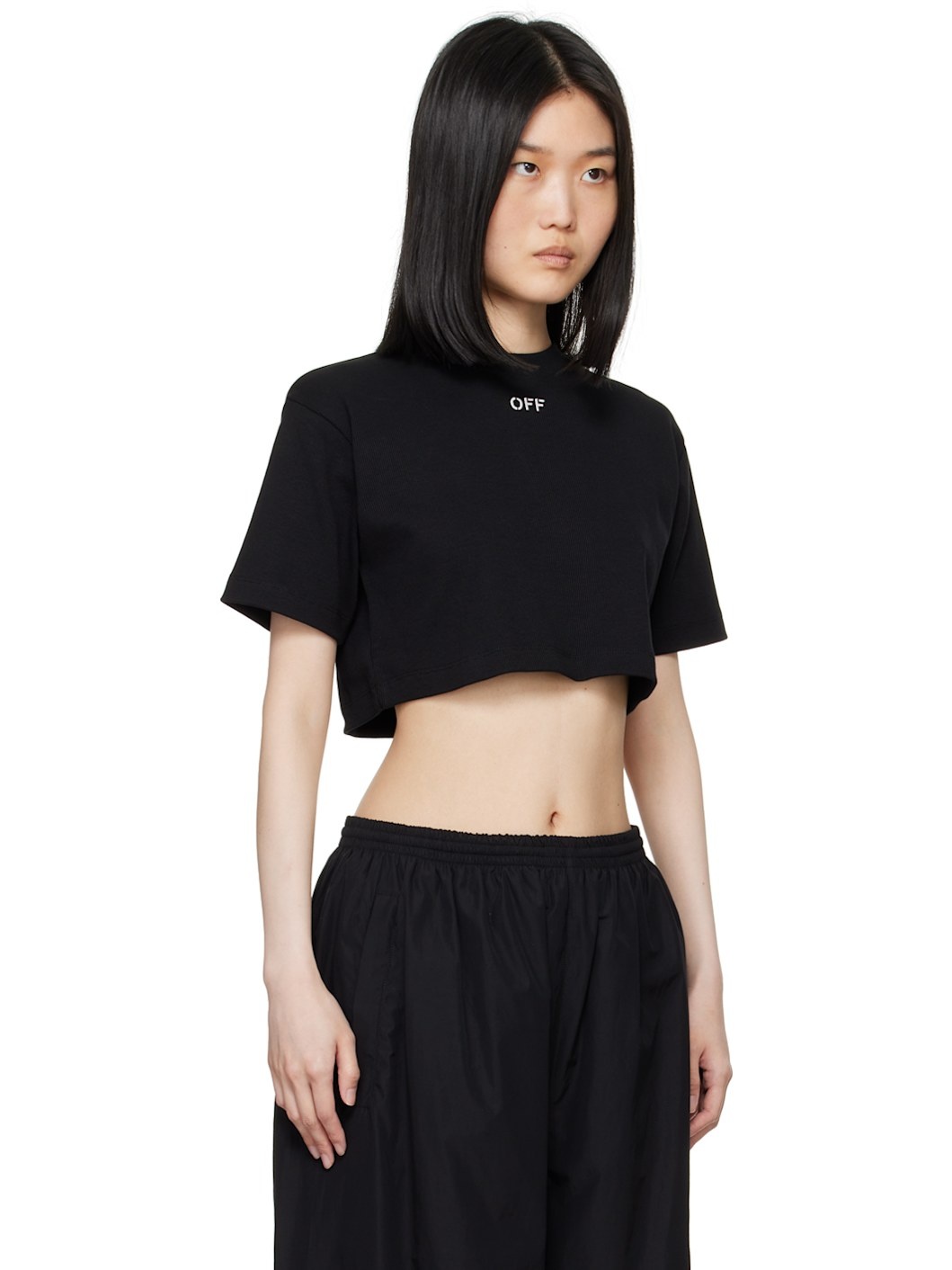 Black Off Stamp Rib Cropped T-Shirt - 2