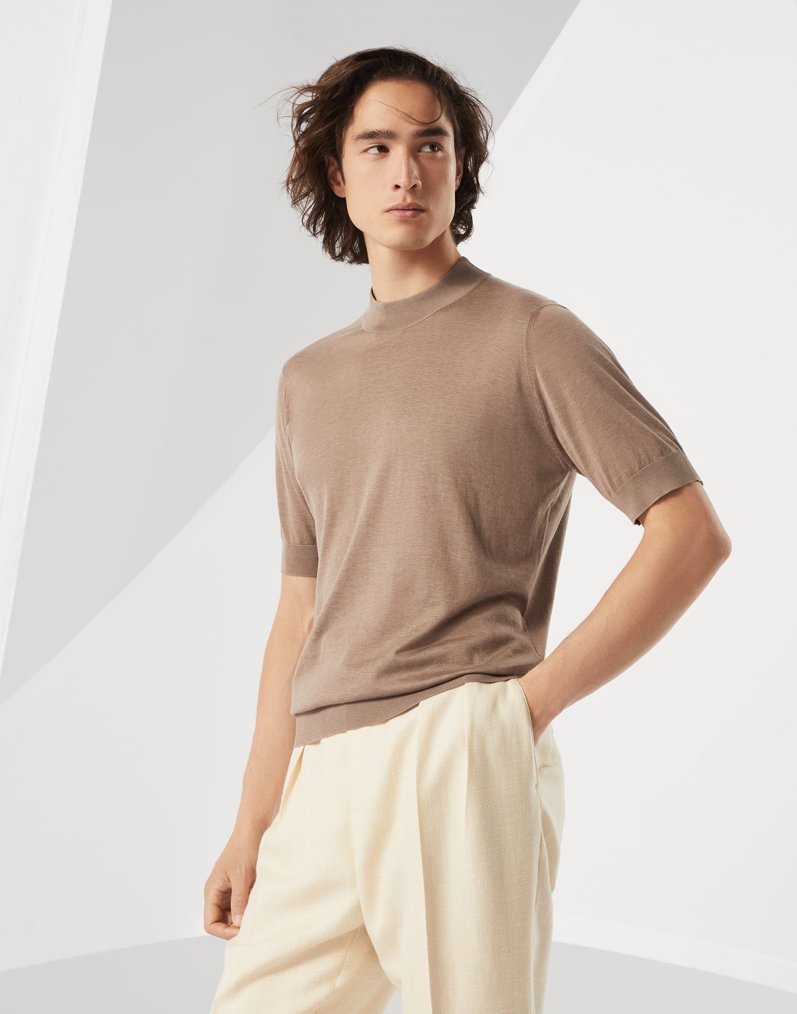 Extra-light silk and cotton knit T-shirt with mock neck - 1