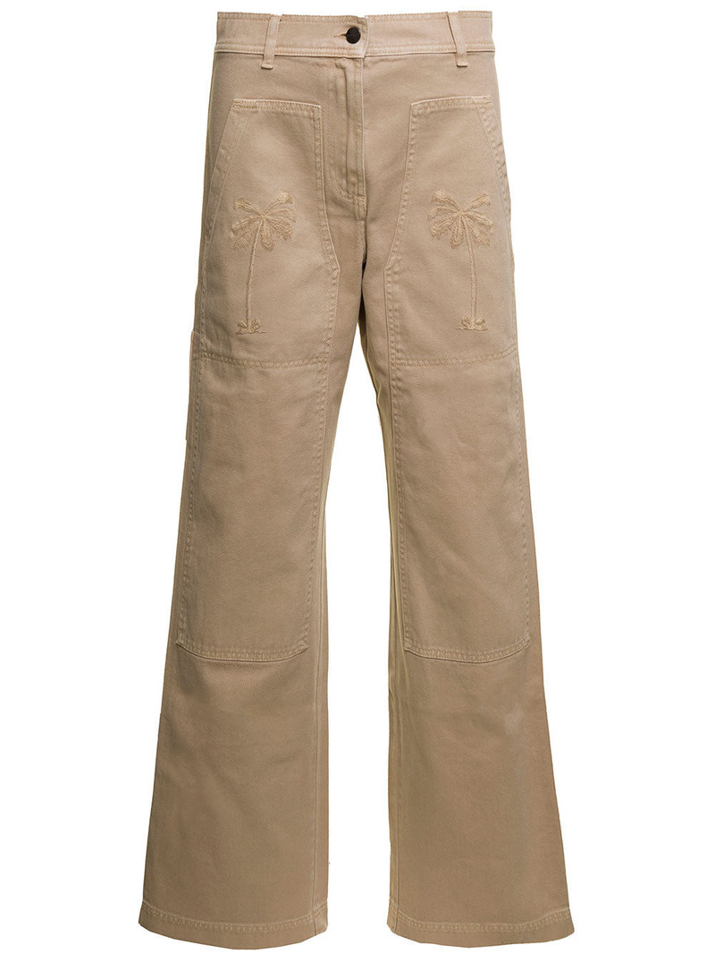 Palm Angels Women Beige 'Cargo' Pants With Embroidered Palm In Cotton Denim Woman - 1