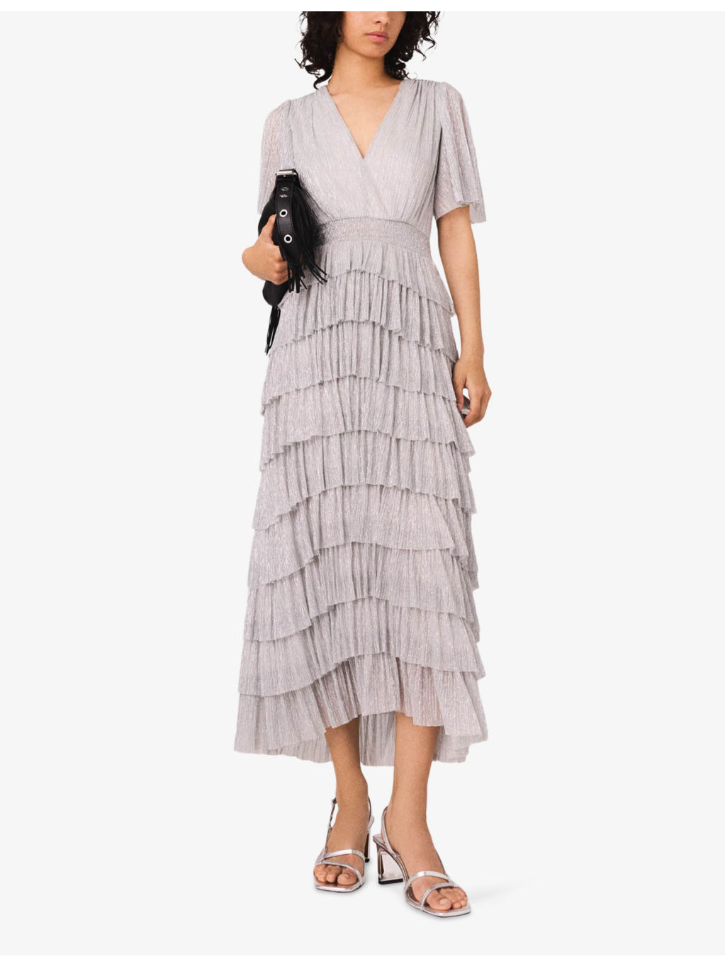 Ruffled V-Neck Metallic-Woven Maxi Dress - 2