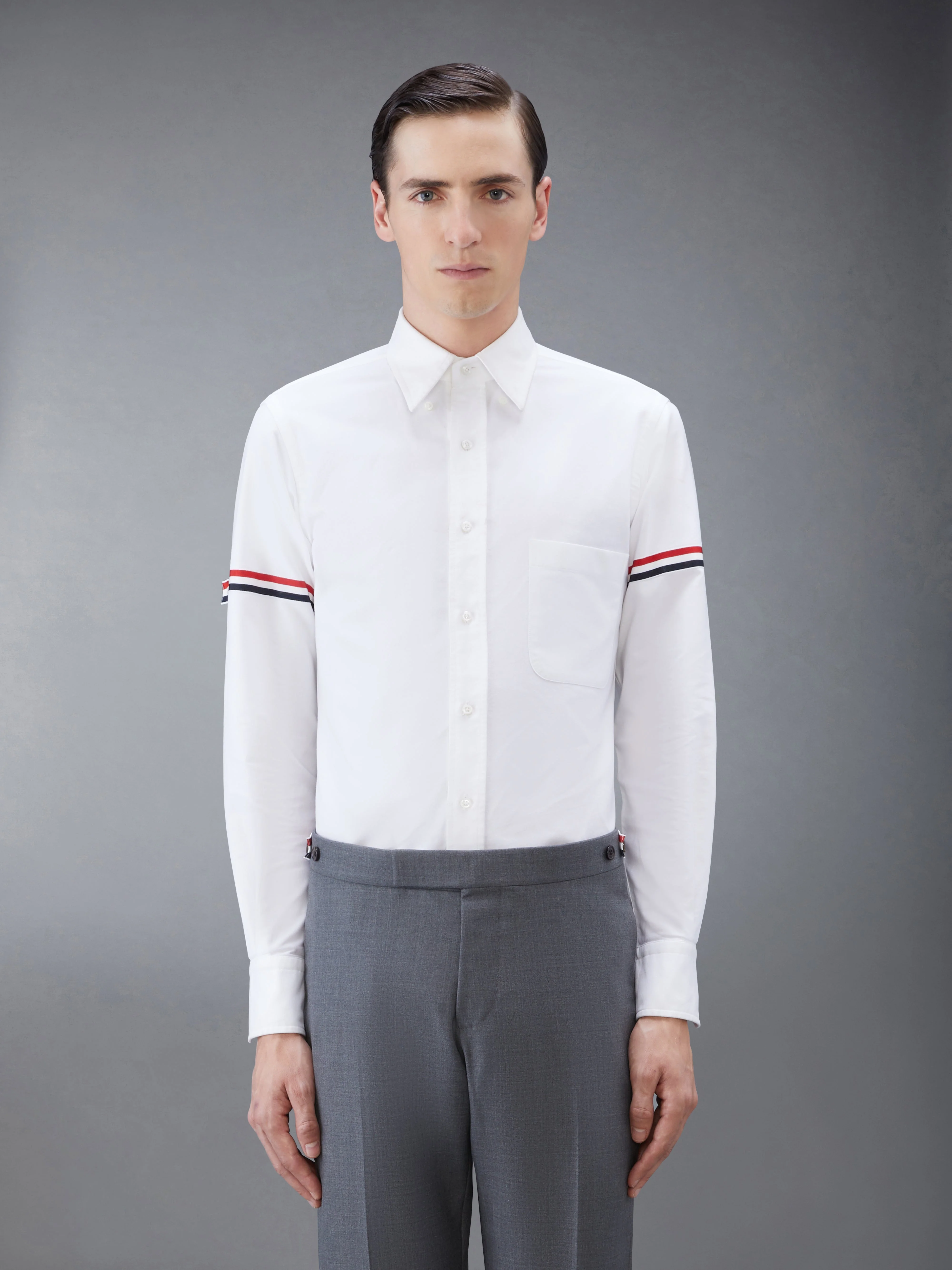 WHITE OXFORD STRIPED GROSGRAIN ARMBAND CLASSIC SHIRT - 1